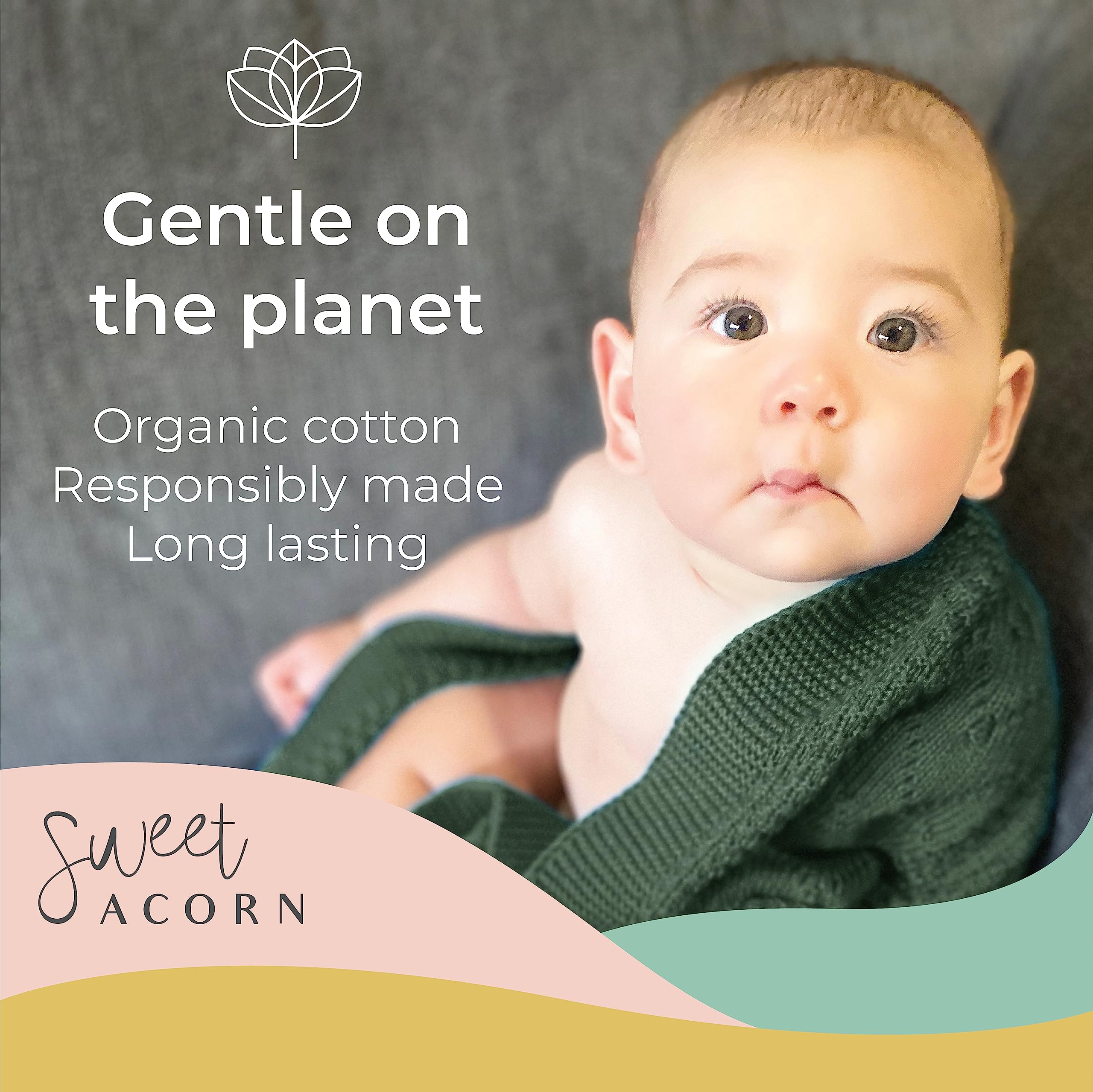 Sweet Acorn Knit Baby Blanket in Cable Pattern, Organic Cotton Blankets for Crib or Stroller Receiving Blankets - Juniper Green - Image 3