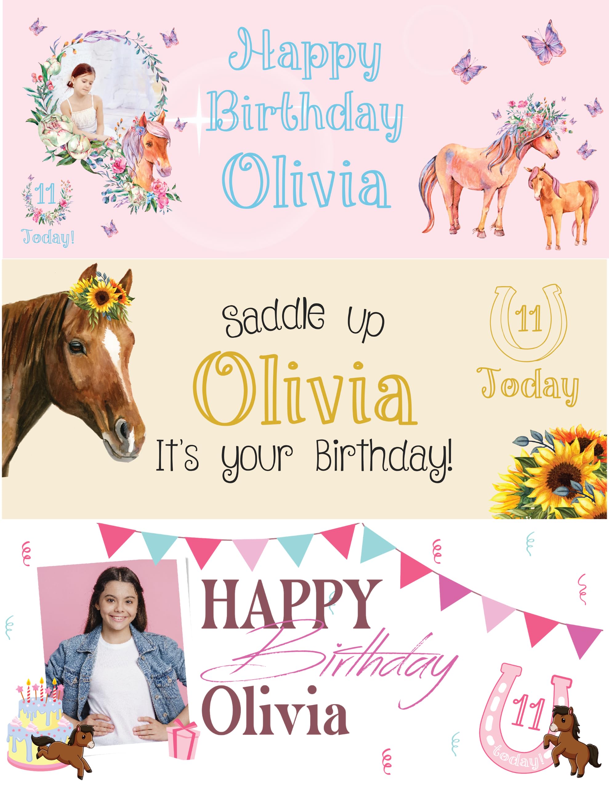 Hippowarehouse Horse theme Girls Birthday Photo Banner Personalised 5ft x 2ft Custom Image Pony
