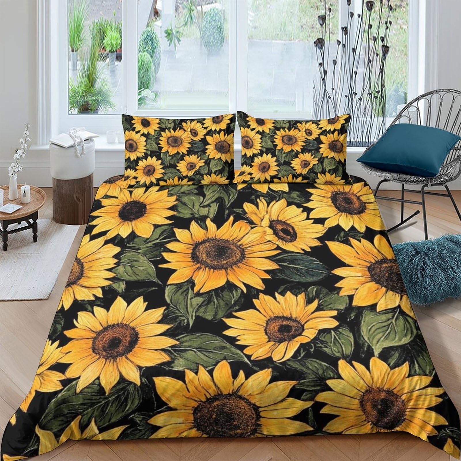 GPLZQXKJNH 3D Printed Sunflower Floral Duvet Cover Set Microfiber Soft Breathable Green Botanical Quilt Cover with 2 Pillowcases for Bedroom Decor Single（135x200cm）