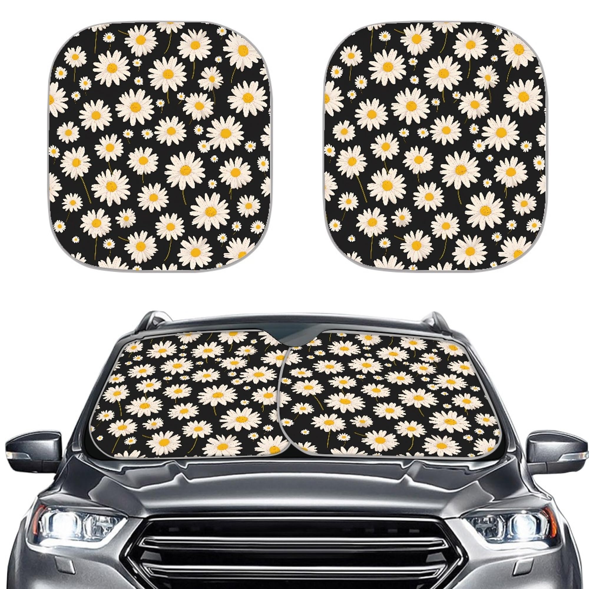 Quelytytrip Decorative White Daisy Print Windshield Sun Shade for Women,2pcs Foldable Sunshade for Car Front Window and Interior Sun Protection