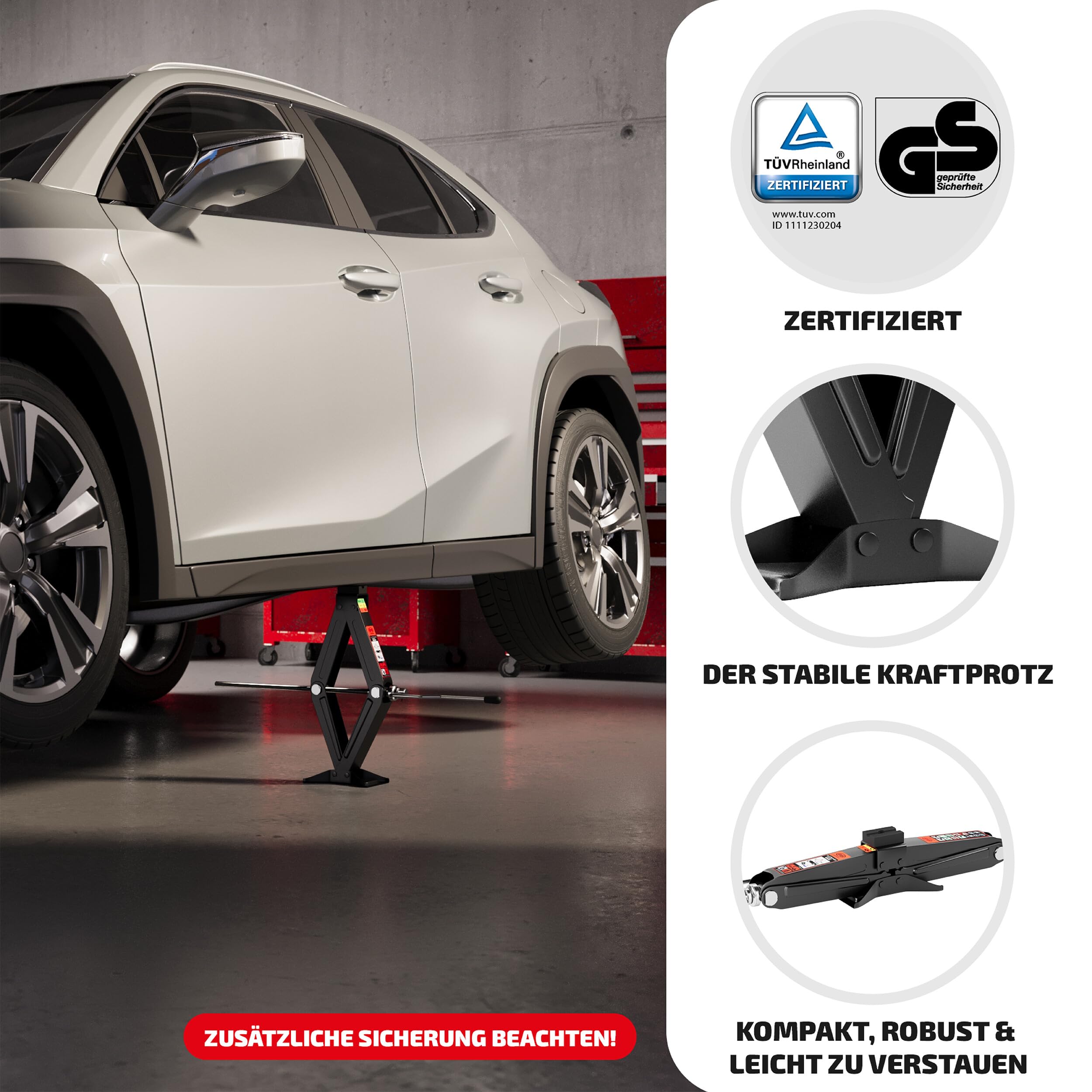 HEYNER® Podnośnik nożycowy 2 t do VW Transporter T6 (2015, FL 2019) – gumowa podkładka obracająca się o 360° z metalowym rdzeniem o grubości 4 mm, skok 98–442 mm, zapadka i korba 17 mm, przedłużka