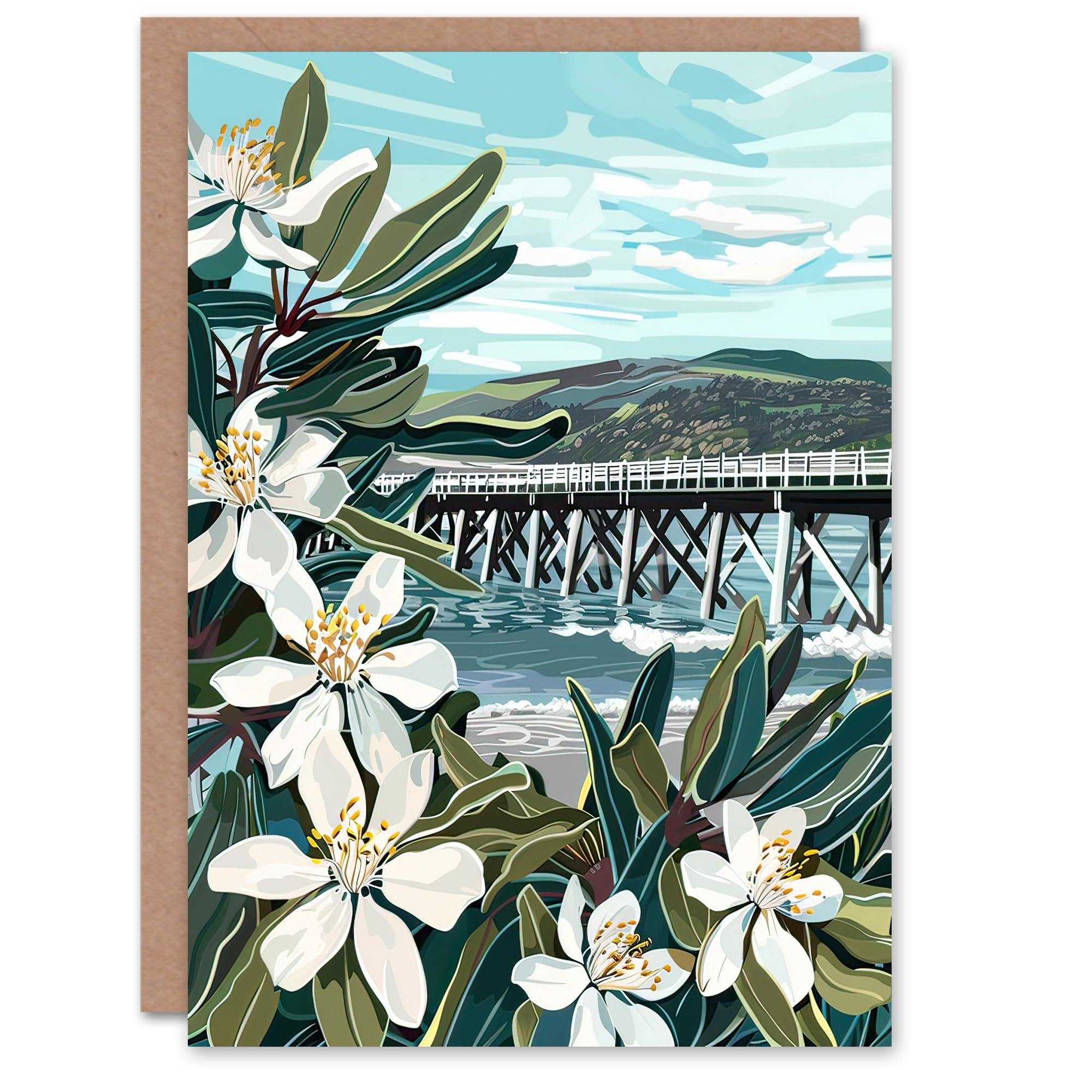 Artery8 Greeting Card Dunoon Pier Scotland Painting Lily Wildflowers Blank For Him Or Her Art Birthday Card
