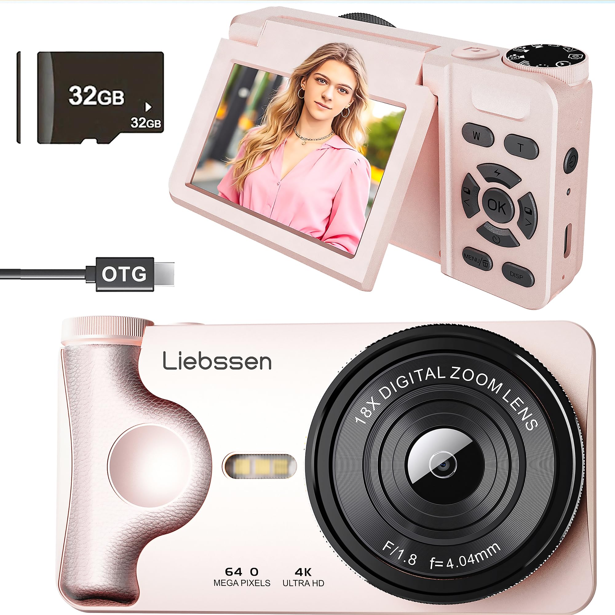 Cámara Digital 4K UHD, Pantalla 3" Abatible 180°, 64MP Autofocus, Time-Lapse, Slow Motion, Redes sociales, Webcam, 32GB Portátil para Fotografía y Vídeo, Regalo para Niños y Principiantes