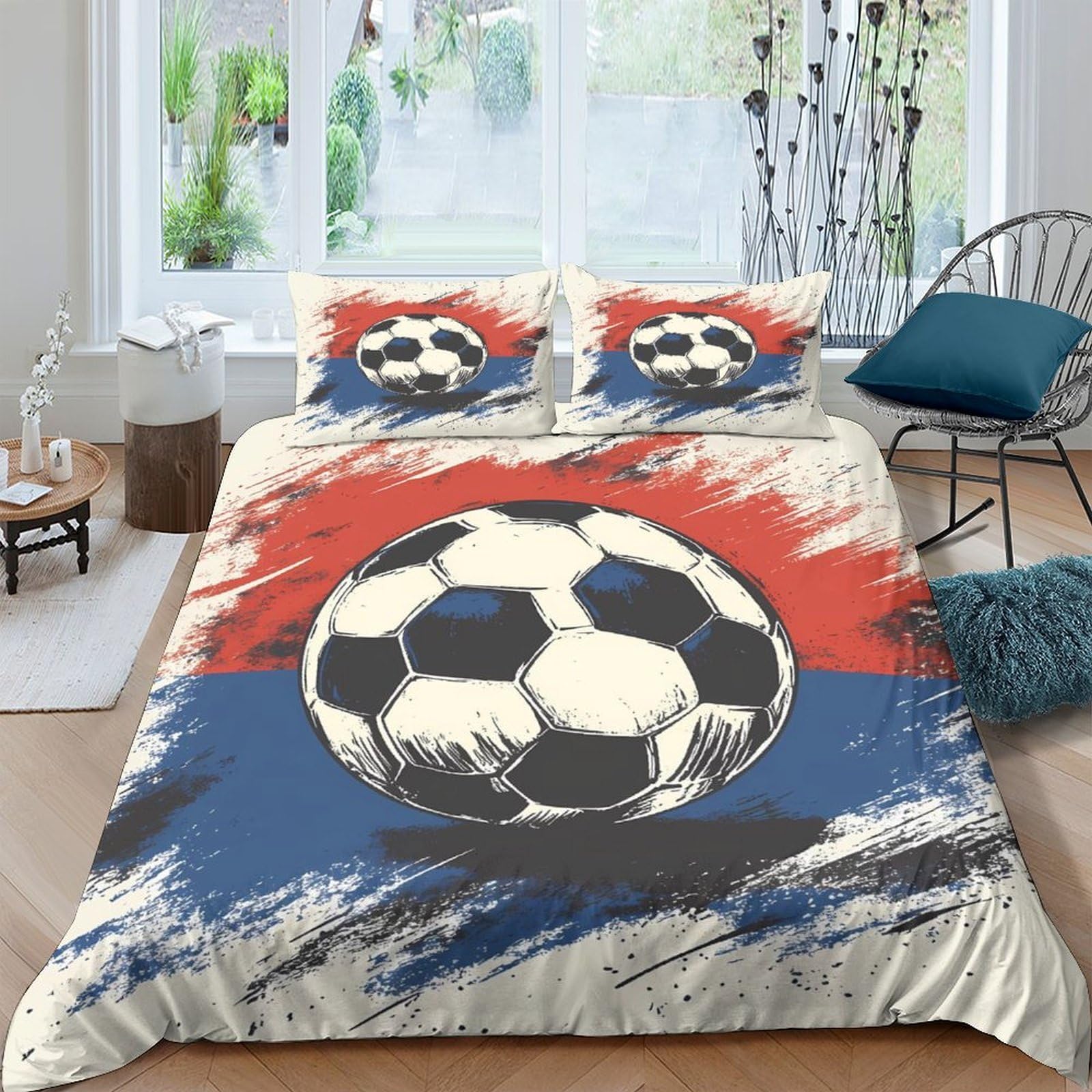 TUFRTGYHN 3D Printed Soccer Ball Duvet Cover Microfiber Soft Breathable Red Blue Bedding Set with 2 Pillowcases for Bedroom Single（135x200cm）