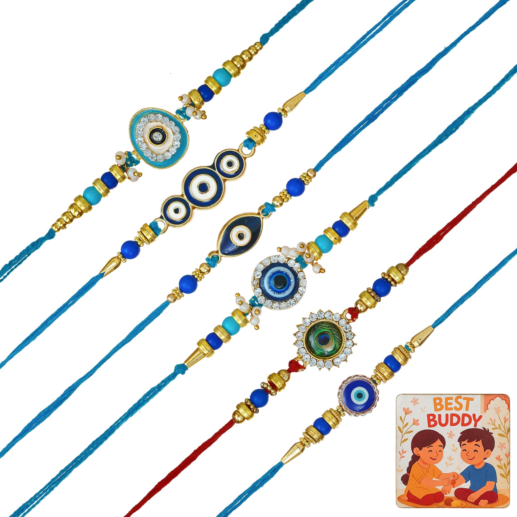 perpetual Evil Eye Rakhi for Brother and Bhabhi Eco Friendly Rakhi Fo Bhai, Brothers Rakhi, Kids Rakhi Set of 6 with Fridge Magnet