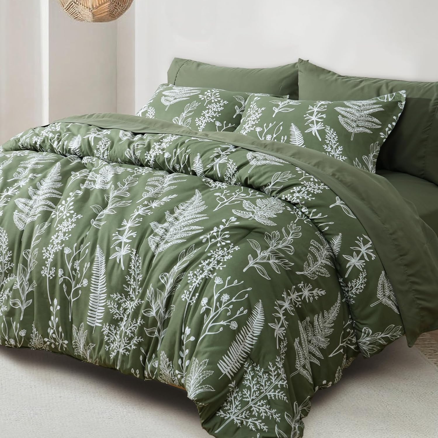 PHF 7 Pieces King Comforter Set, Ultra Soft Bed in A Bag Comforter & Sheet Set- Reversible Botanical Bedding Set Include Comforter, Pillow Shams, Flat Sheet, Fitted Sheet and Pillowcases, Olive Green King Olive Green