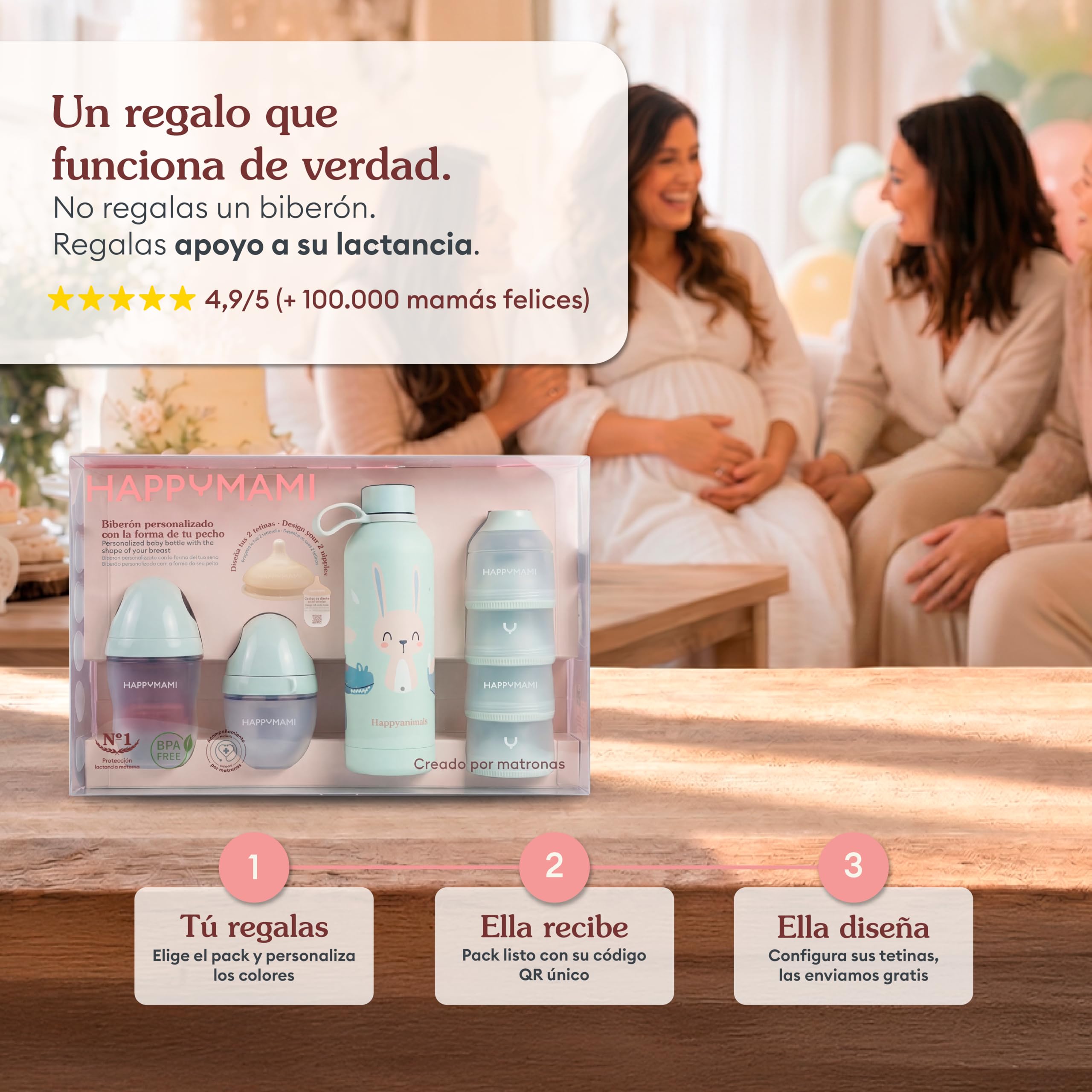 HAPPYMAMI Pack Regalo Bebé Recién Nacido | Canastilla Lactancia (Menta) | Kit con 2 biberones diseñados a medida que cuidan el vínculo, termo y dispensador. Regalo ideal para baby shower.