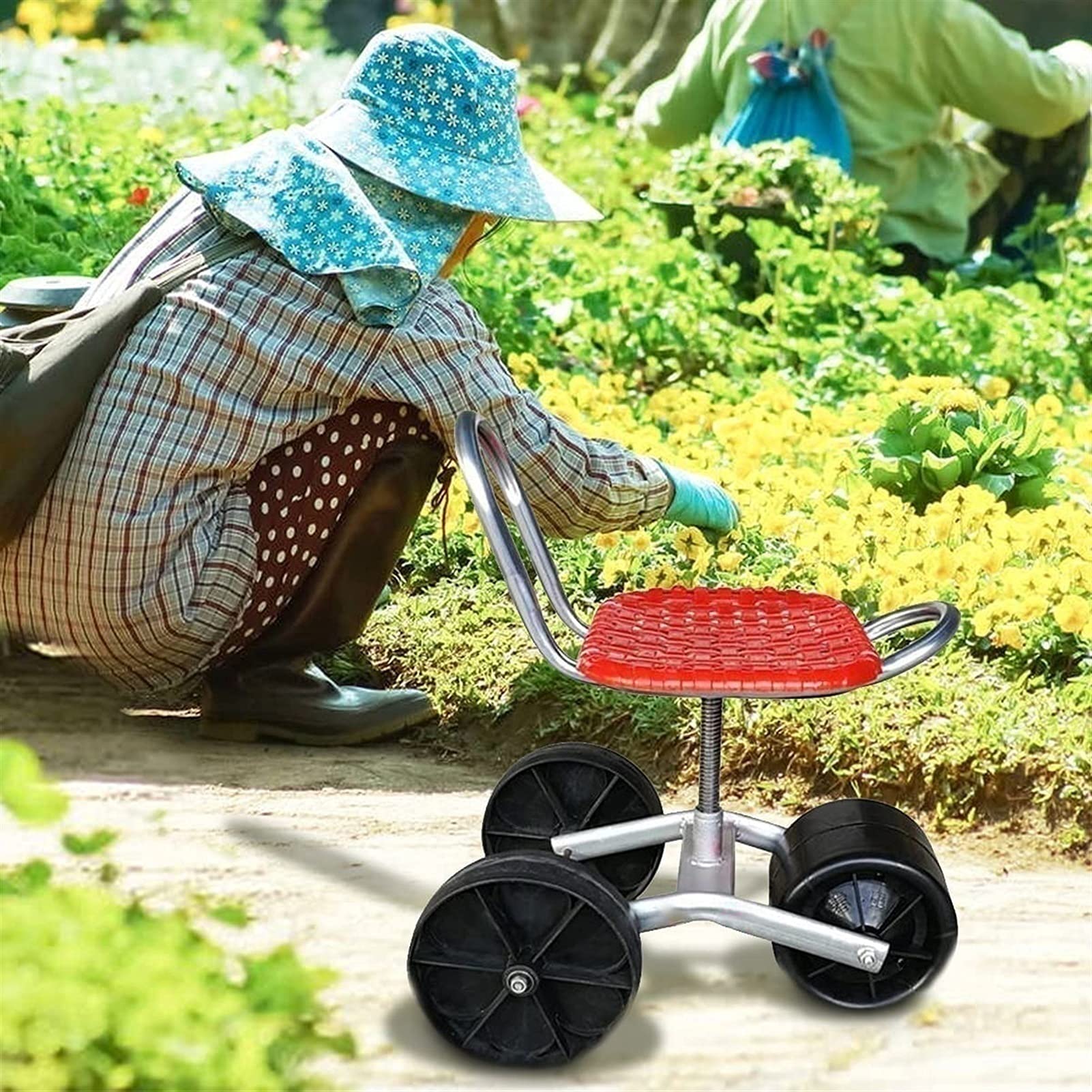 Seggiolino da giardinaggio su ruote con porta attrezzi per piccoli attrezzi da giardino, verde
