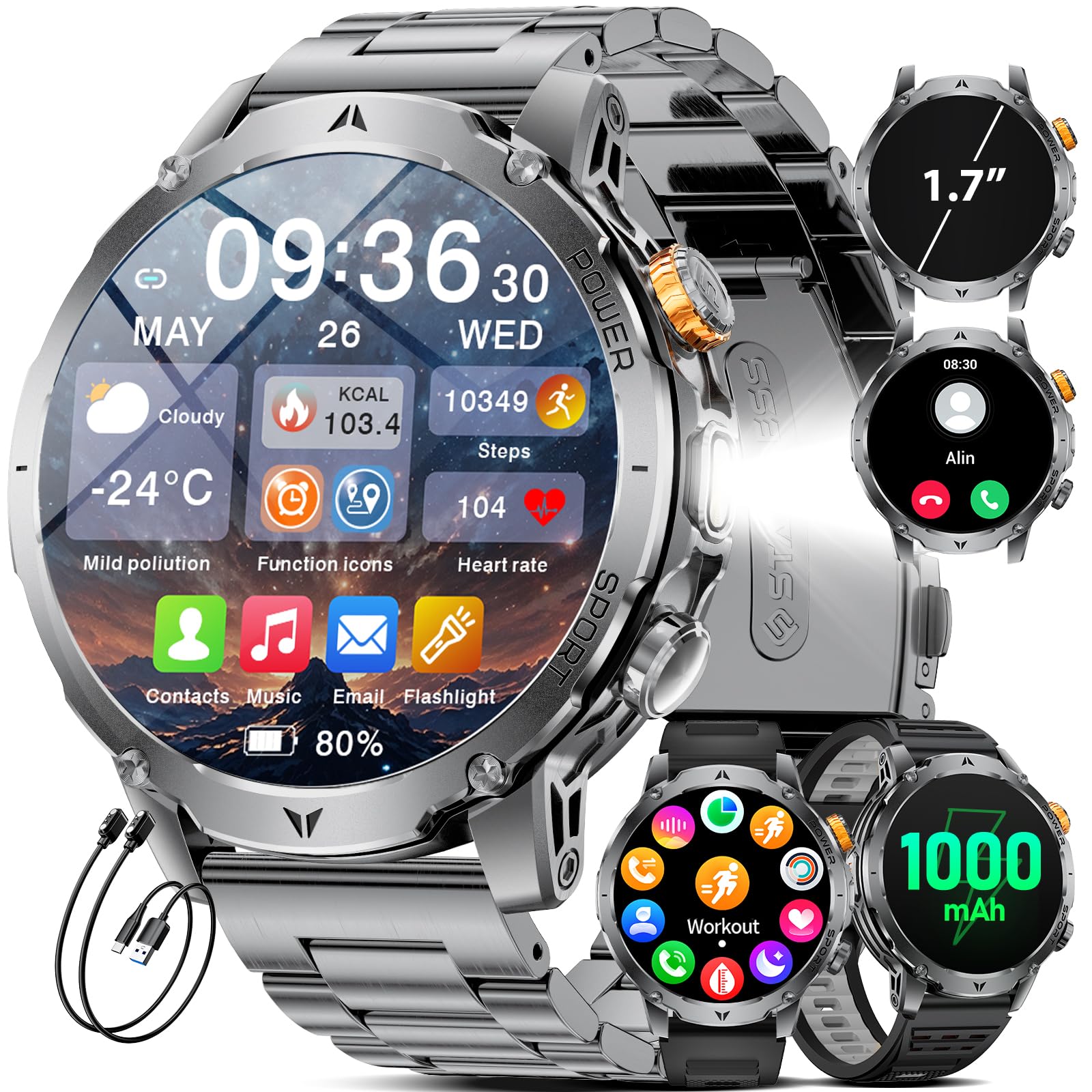 EF24 Smartwatch Uomo Militare con Torcia LED, Batteria 1000mAh, 1,7” HD Fitness Tracker, 100 Modalità Sportive, IP68 Impermeabile, 3 Cinturini, Compatibile Android e iOS (Nero)