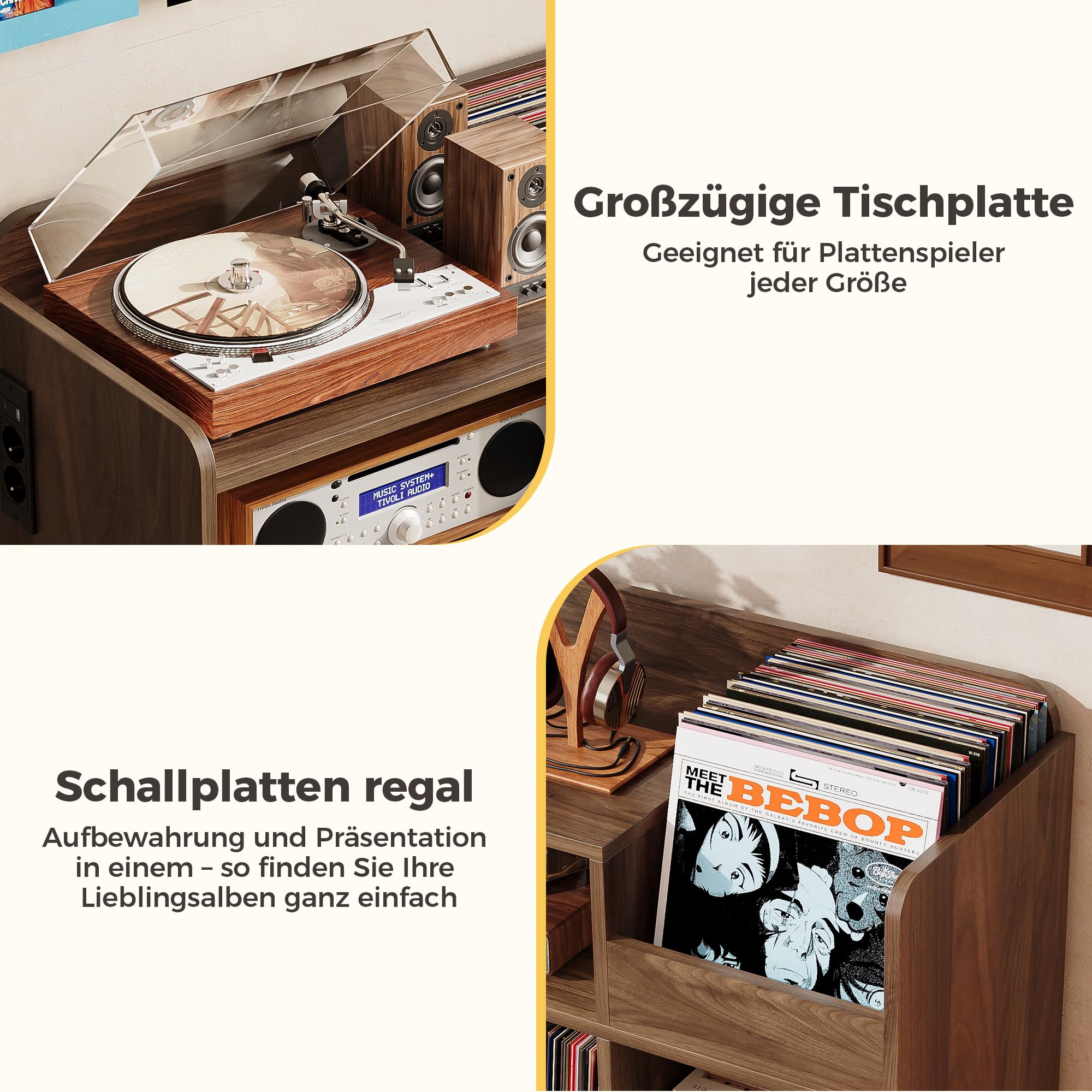 IRONCK Grand Support de Tourne-Disque avec Station de Charge - Rangement en Vinyle pour 300 Albums - Armoire à disques à 3 Niveaux avec séparateurs - Étagère Moderne pour Salle de Musique - Marron