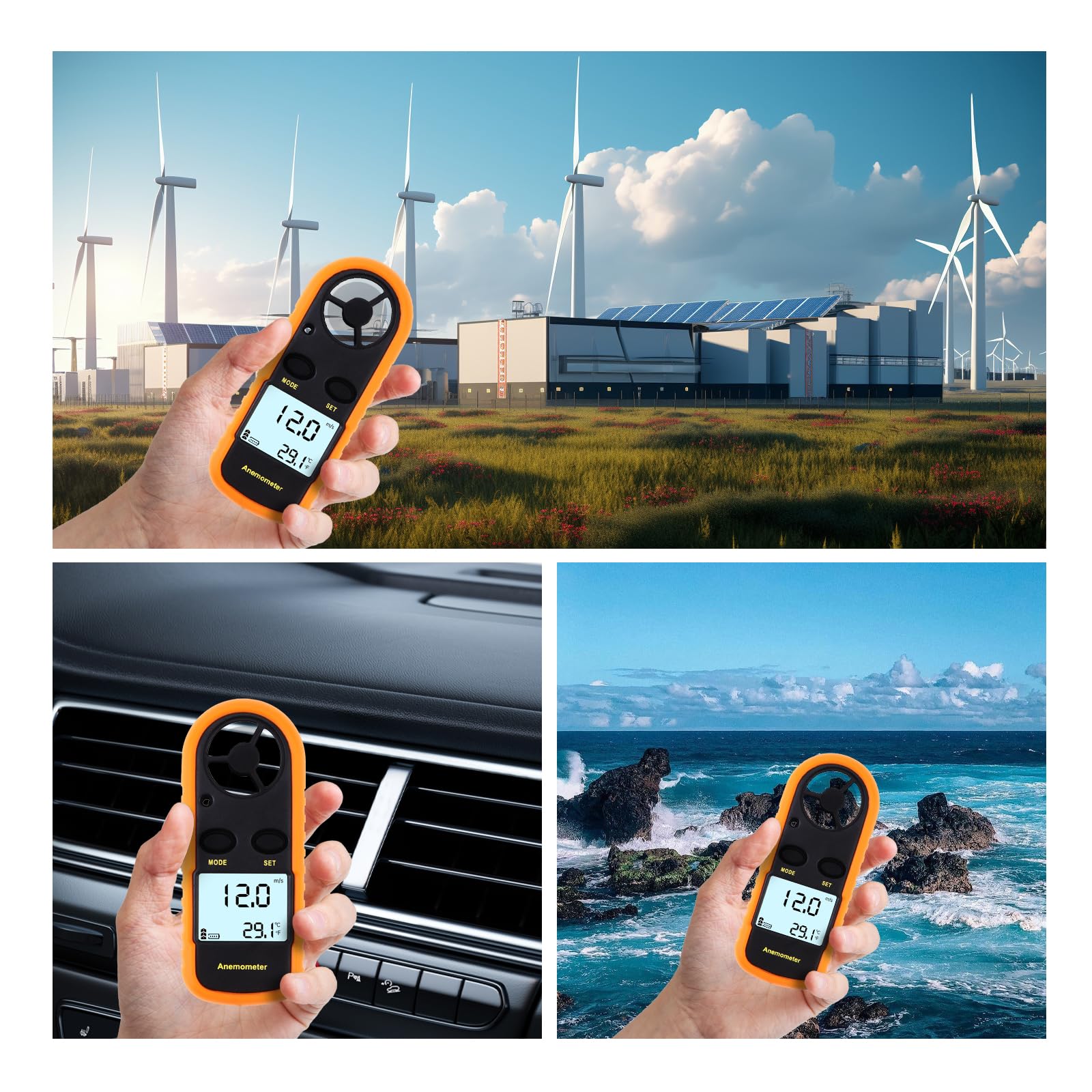 Anémomètre Portable, Anémomètre Numérique Haute Précision, anémomètre à écran LCD pour le vol de cerf-volant/météorologie/pêche avec vitesse de l'air MAX/MIN/AVG, test de température du vent