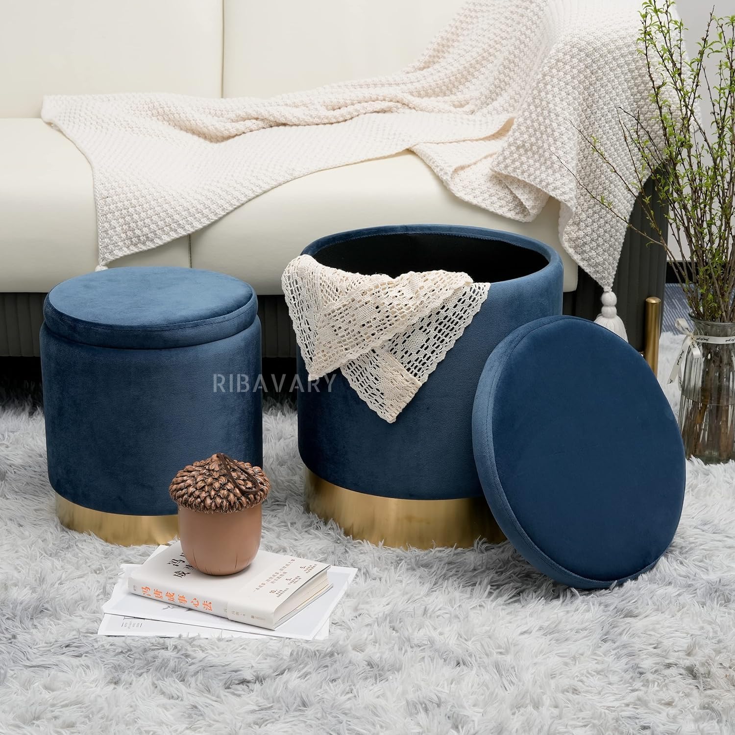 RIBAVARY® Set of 2 Luxurious Storage Ottoman, Round Ottoman with Storage, Abstract Storage Ottoman for Living Room, Storage Ottoman for Bedroom and Living Room. (Pack of 2, Blue) (B0D57HL21V) Amazon Price History, Amazon Price Tracker