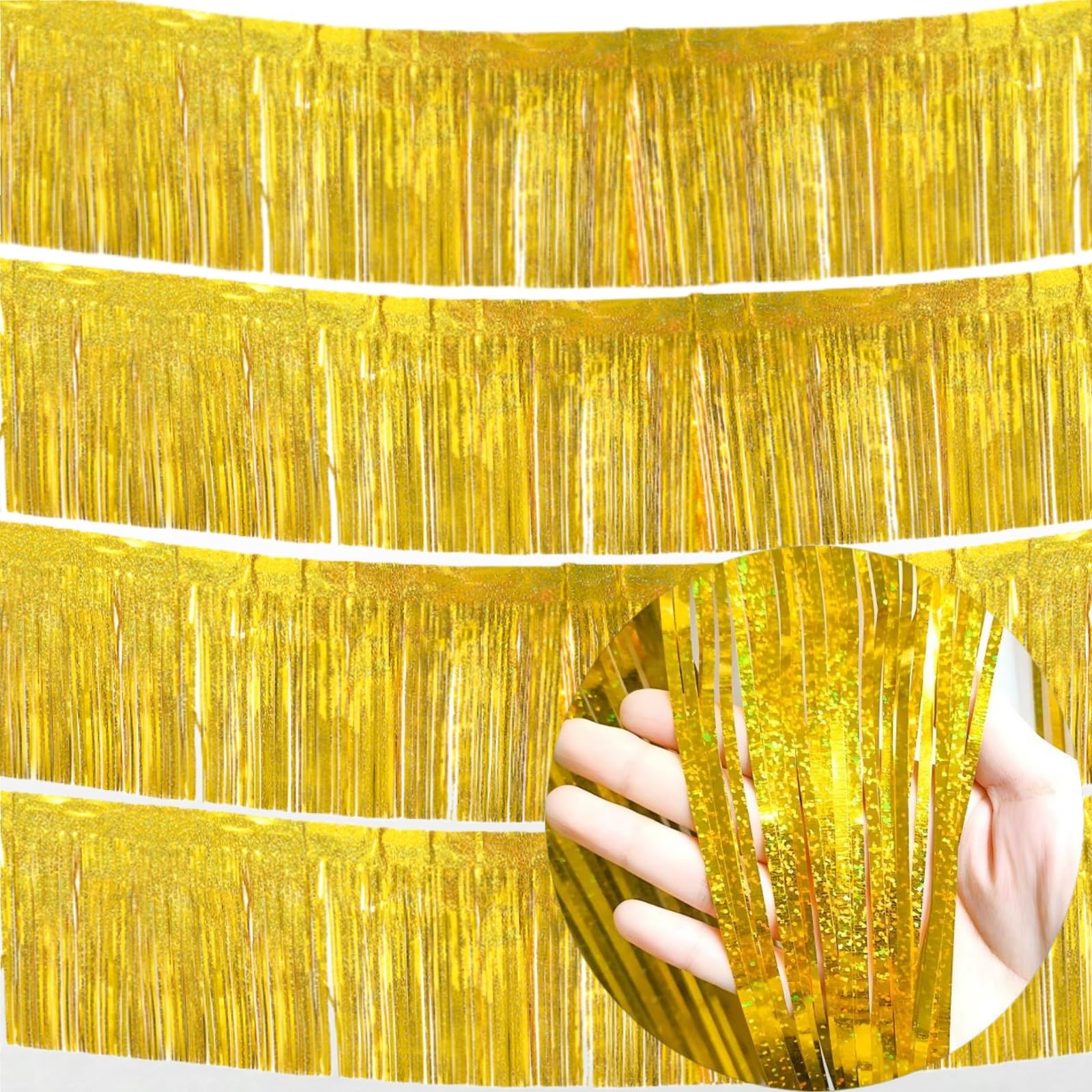 4 Packs Laser Gold 10 Feet Long Foil Fringe Garland Shiny Metallic Tinsel Table Skirts Wall Hanging Banner for Car Parade Birthday Parties Floats Wedding Baby Shower Bachelorette Garden Decorations