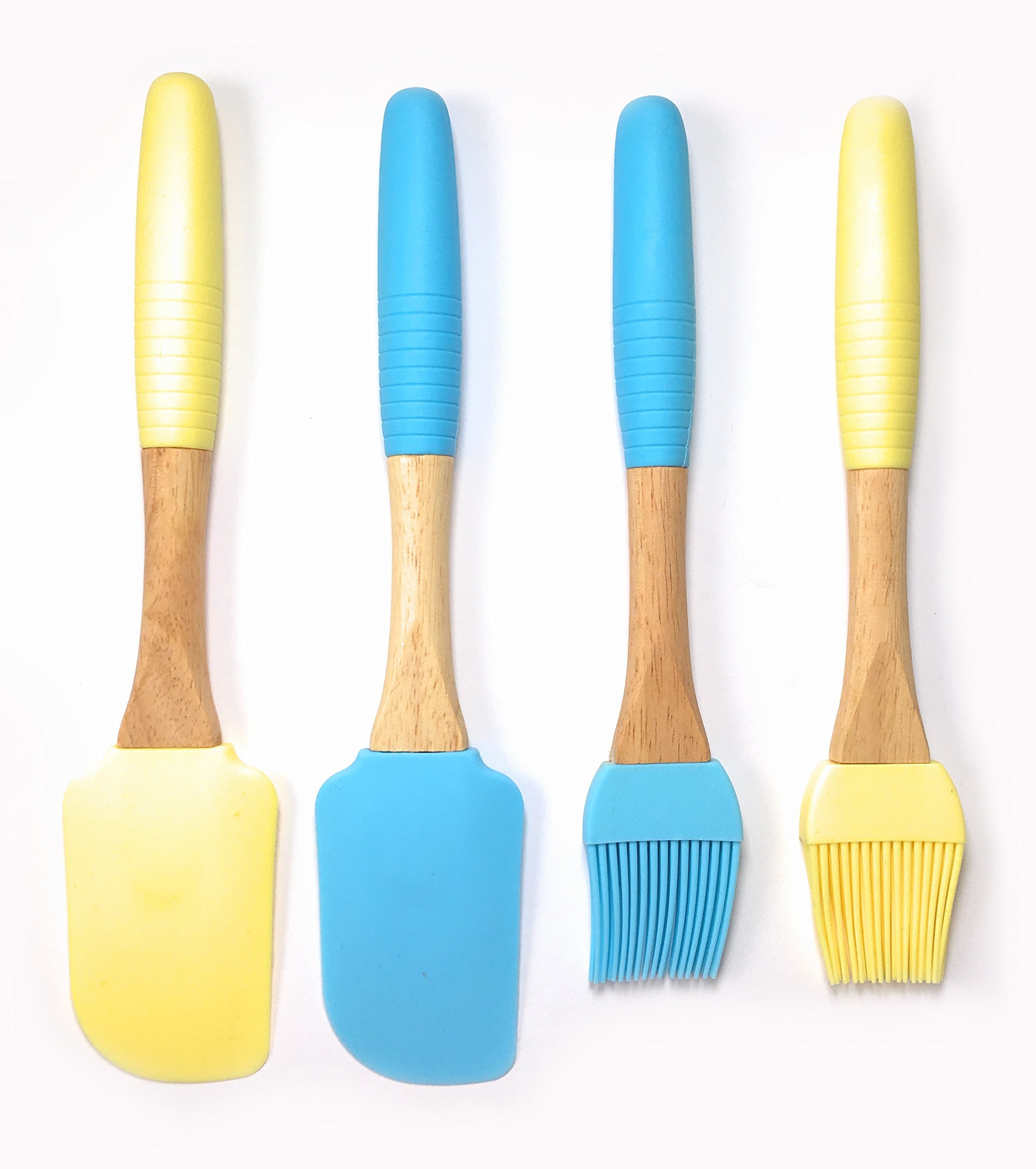 4 Piece Kitchen and Baking Set in Pastel Colours – 2x and 2x Silicone Brush and Spatula Wood