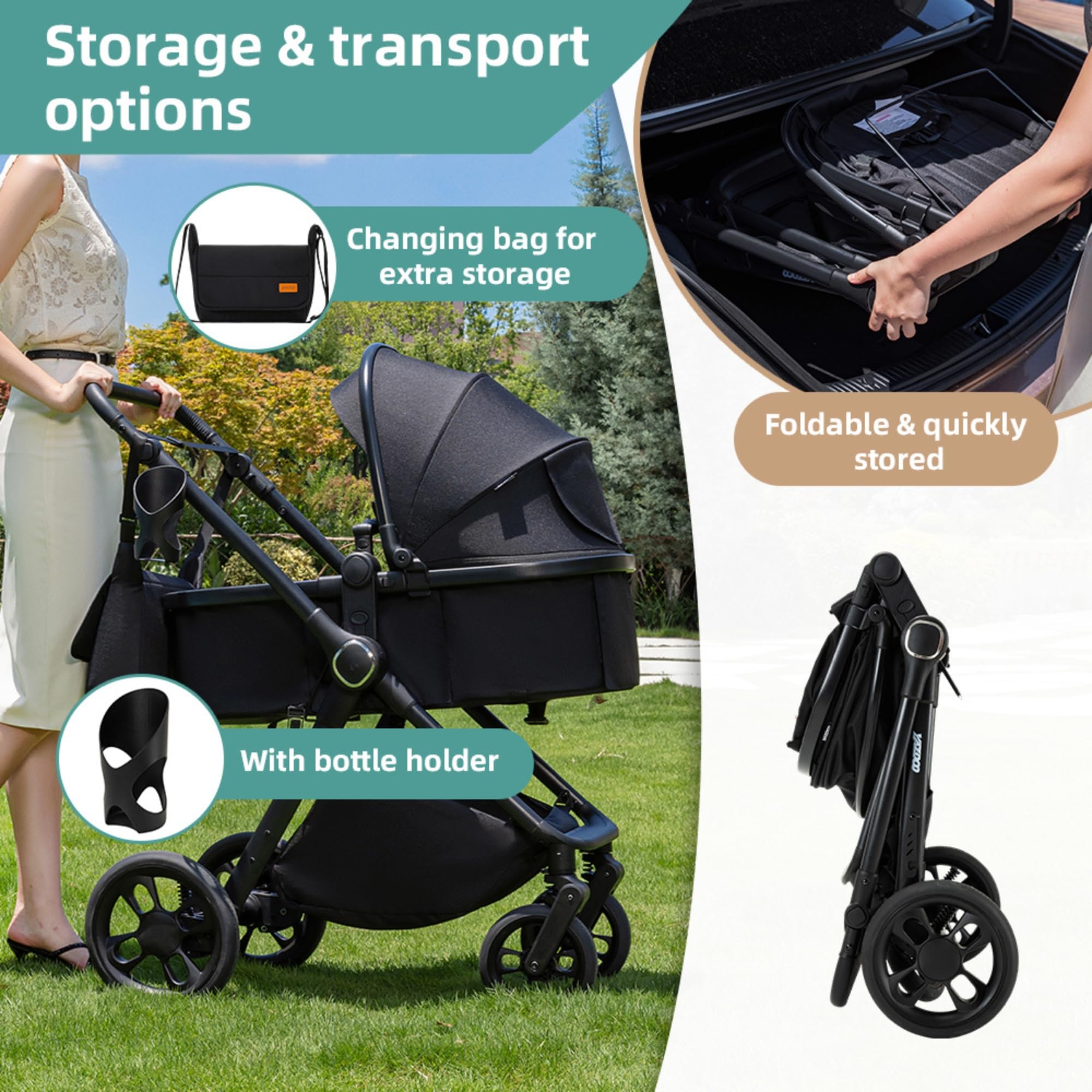 Passeggino 3 in 1 passeggino trio con ovetto I-SIZE | Navicella è Pieghevole, Carrozzina Maniglia è Regolabile,per Bambini dalla Nascita a 3 Anni