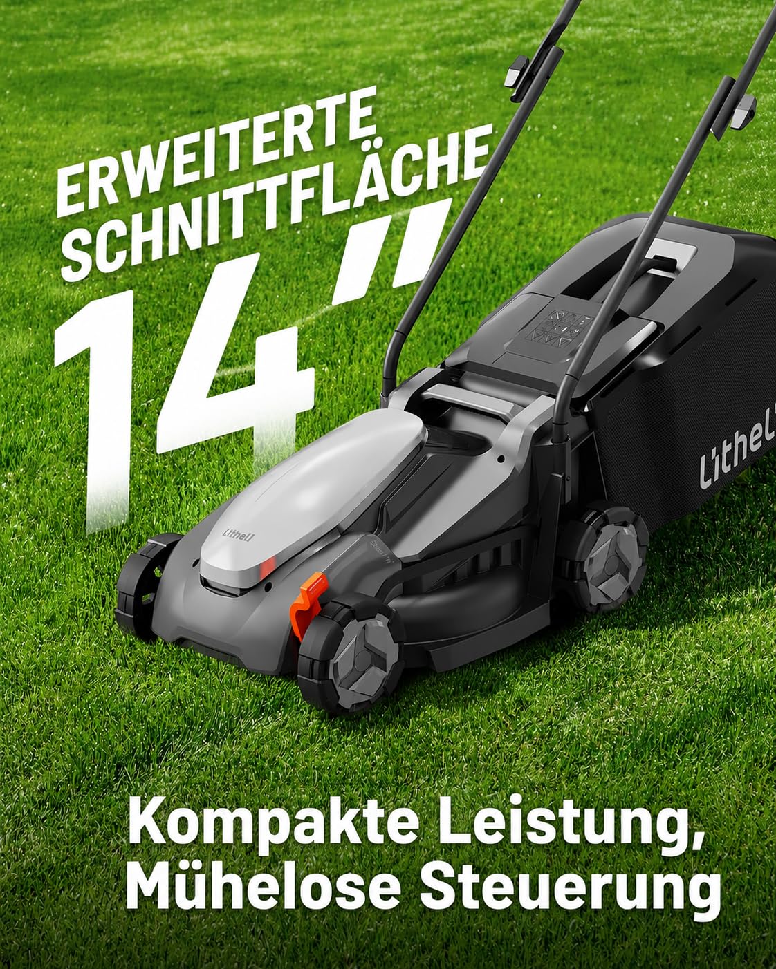 Litheli Akku Rasenmäher 5,0Ah, 20V/33cm Schnittbreite, bis 300 m², 35L Fangkorb, 25-65 mm Schnitthöhe, inkl. 5,0 Ah Akku