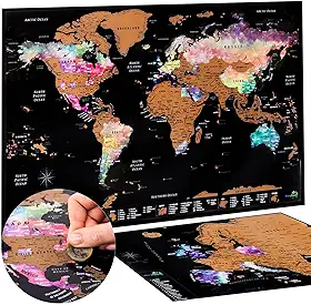 Atlas & Green Mapa mundial de viagem + pôster bônus da Europa. Pôster premium do mapa-múndi raspadinho. Viagem em aquarela arranhada com todos os estados dos EUA e tubo de presente (nebulosa de mapas