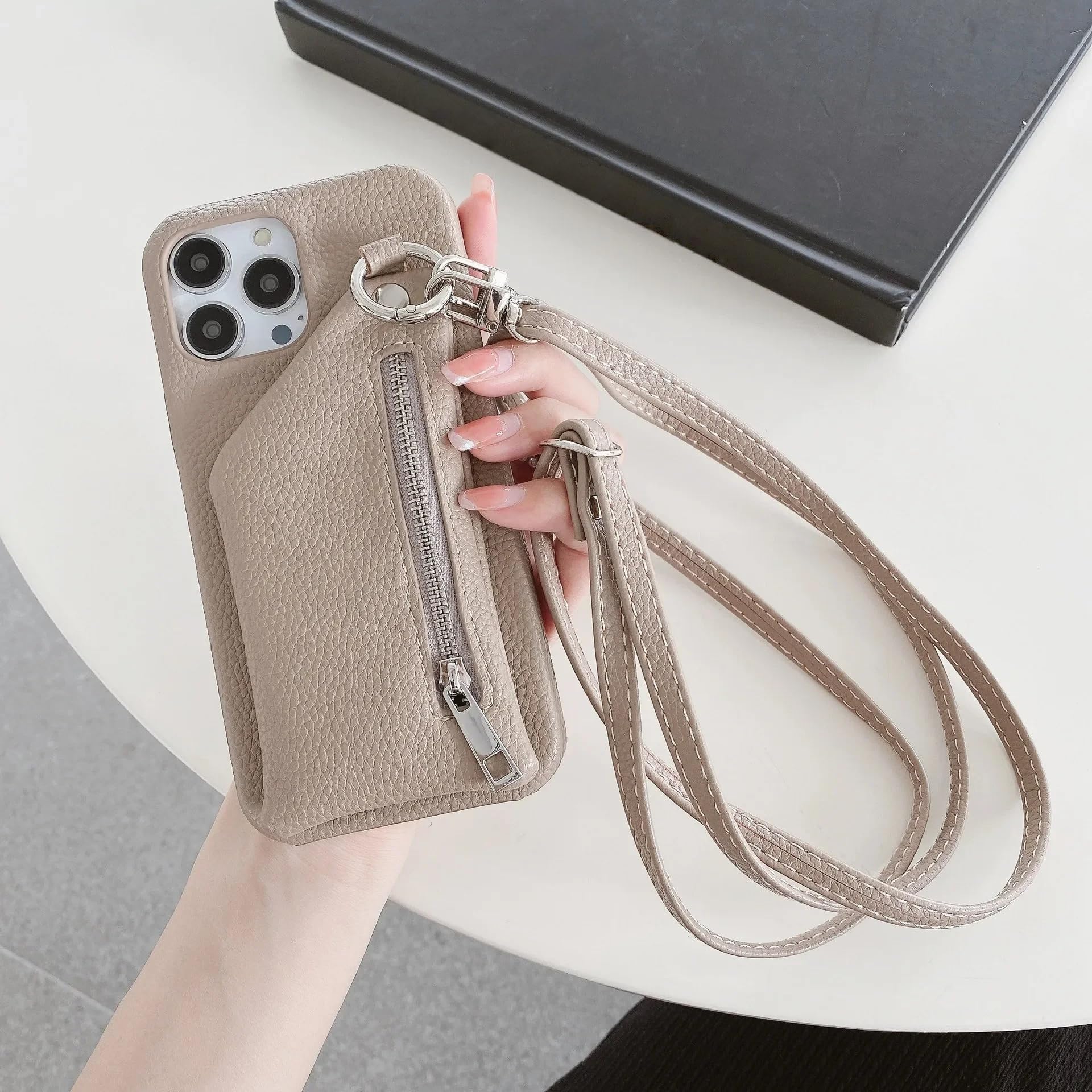 Reißverschluss-Geldbörse, Umhängetasche, Lanyard-Handyhülle für iPhone 16 Plus 15 14 Pro Max 13 12 11 Xs Xr, Kartenfach, Münzfach, Lederhülle (für iPhone 14 Plus/Khaki)