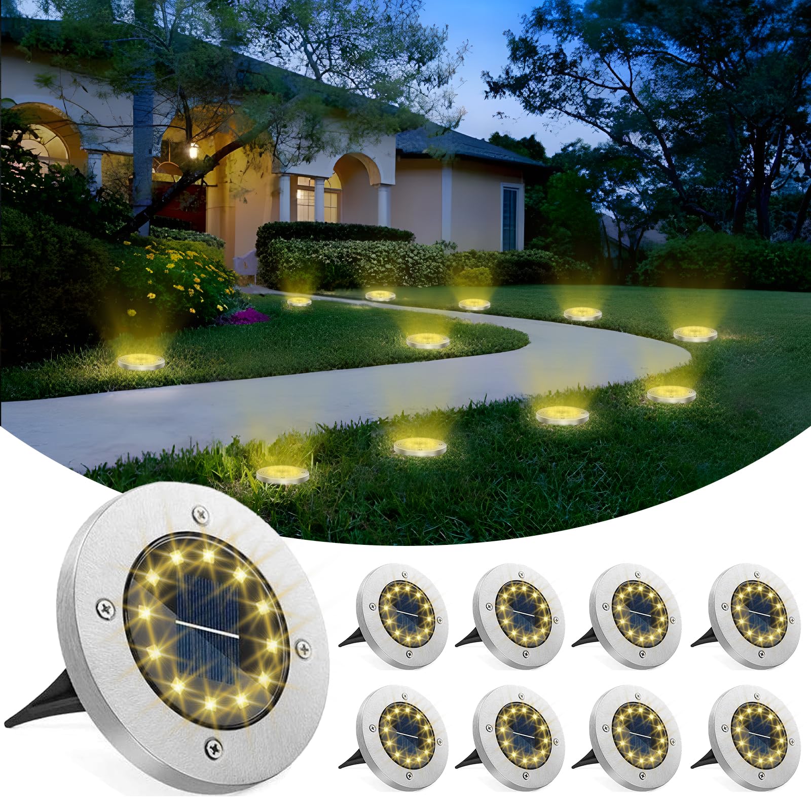 Melofo 8 Pack Solar Lights Outdoor Garden, 12 LED Solar Disk Light, IP65 Waterproof Solar Ground Lights, Pathway Lighting for Garden Lawn Patio Deck Driveway Walkway Landscape (Warm White)