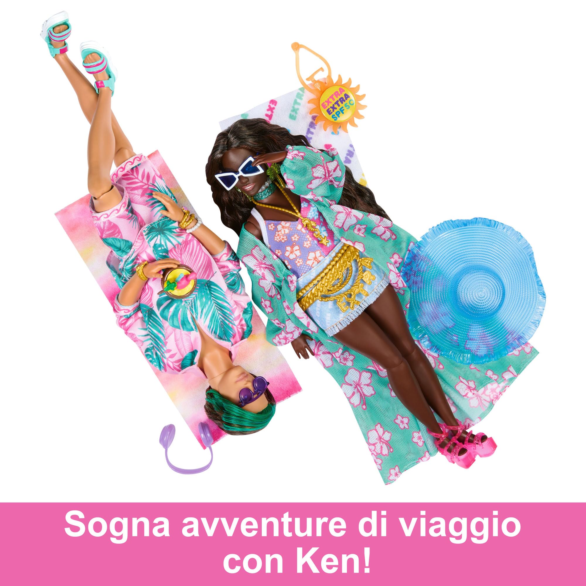Barbie - Extra Fly, bambola Ken viaggiatore con look da spiaggia, outfit alla moda dal motivo tropicale, con tavola da surf e borsone, accessori inclusi, giocattolo per bambini, 3+ anni, HNP86