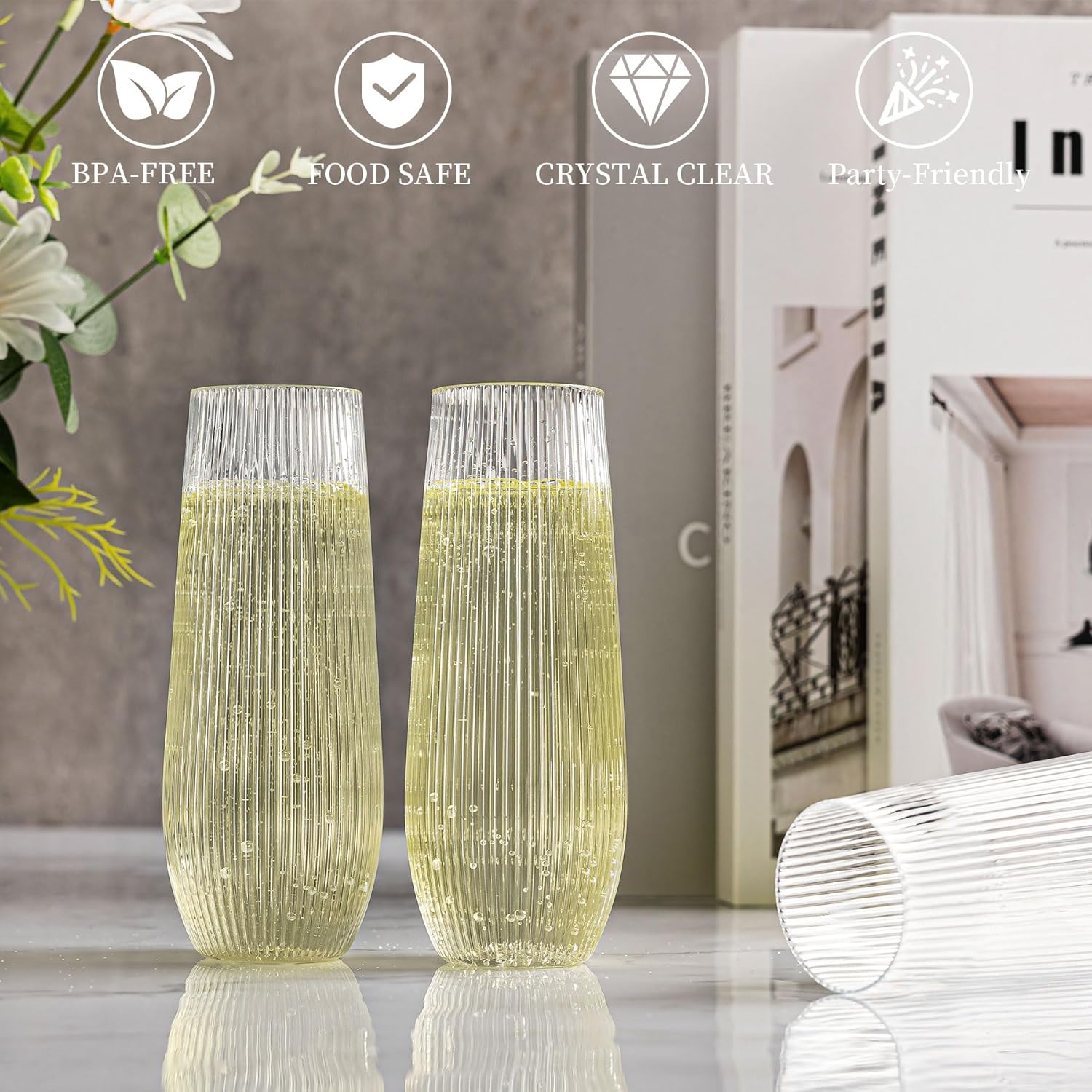 HOMIP 36pcs Clear Plastic Champagne Flutes - 9oz Disposable Champagne Flutes Stemless Toasting Glasses, Ribbed Ripple Design (BPA-Free) for Weddings, Bars & Events - Disposable Party Cups - Image 4