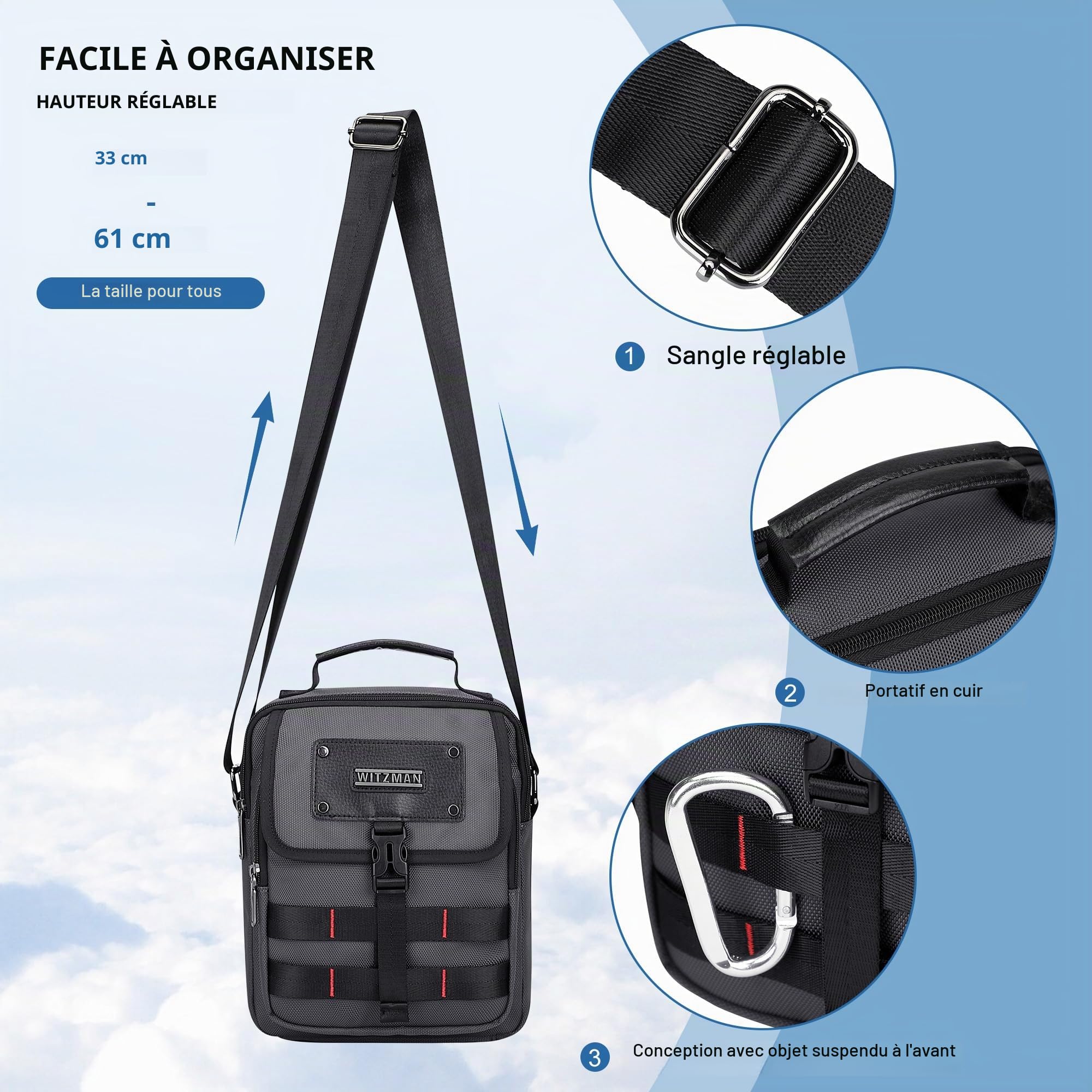 WITZMAN Sac à bandoulière léger pour homme - Sac à bandoulière décontracté en nylon pour le travail et les voyages
