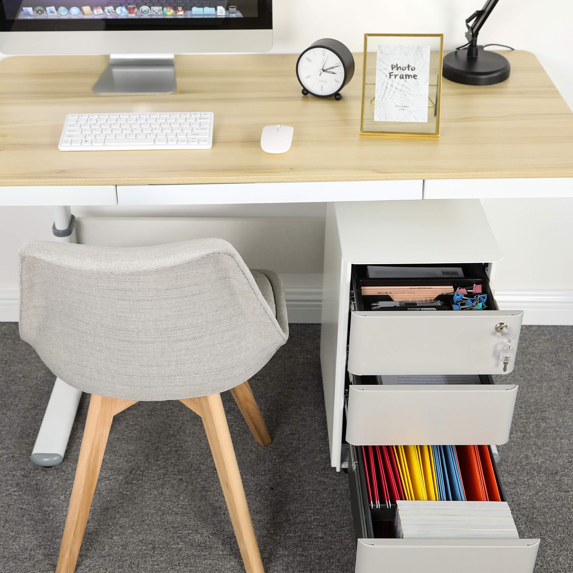 YITAHOME Rollcontainer mit 3 Schubladen, Metall Abschließbar Aktenschrank für A4, Legal, Letter, Mobiler Büroschrank mit Rollen für Home-Office, Hängeregistratur, 45 x 30 x 61cm, Weiß + Grau