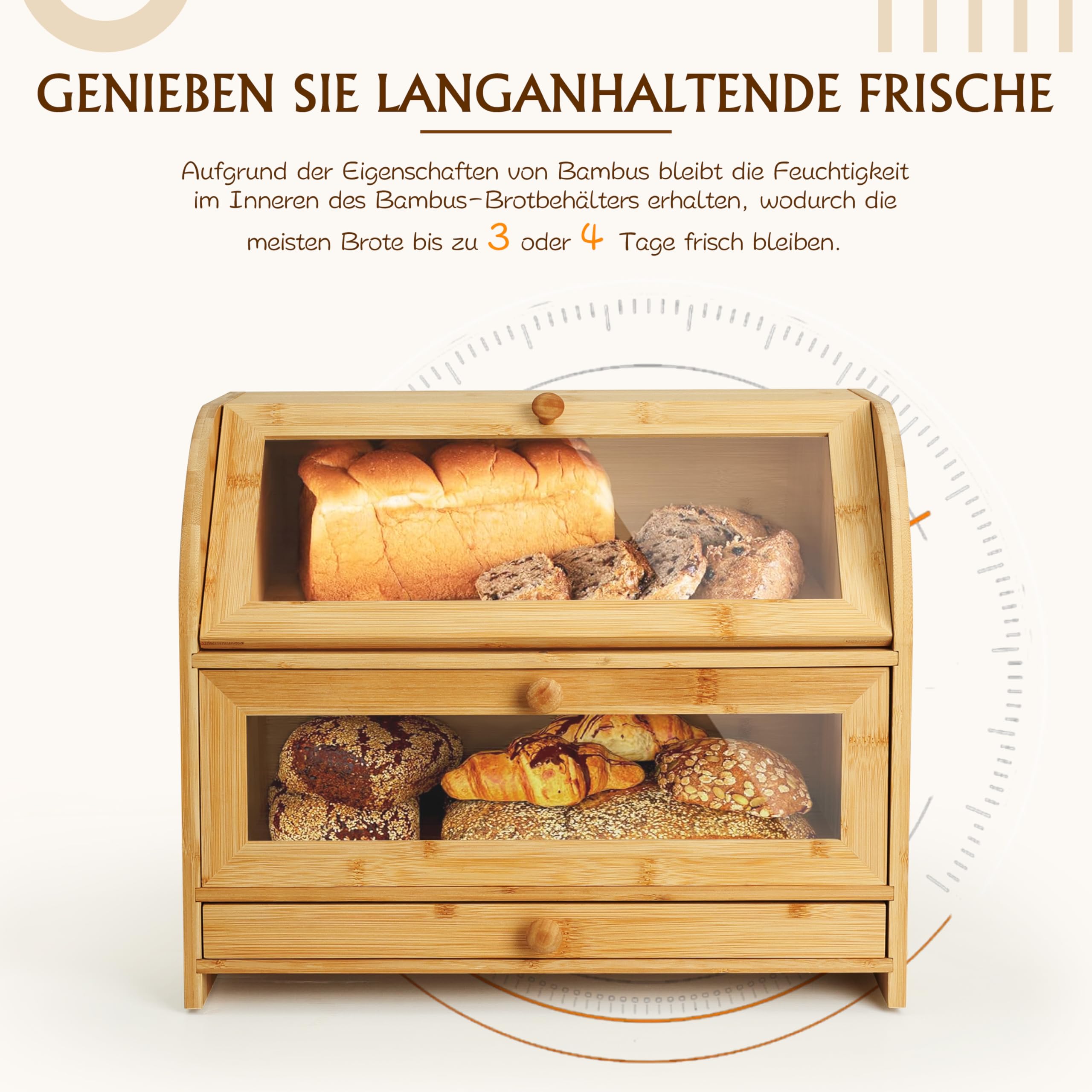Ribelli Bambus Brotkasten mit 2 Etagen und Schublade, Großer Brotbehälter mit Brotschneidebrett, Holz Brotbox mit Deckel, Lebensmittelecht Brotaufbewahrung