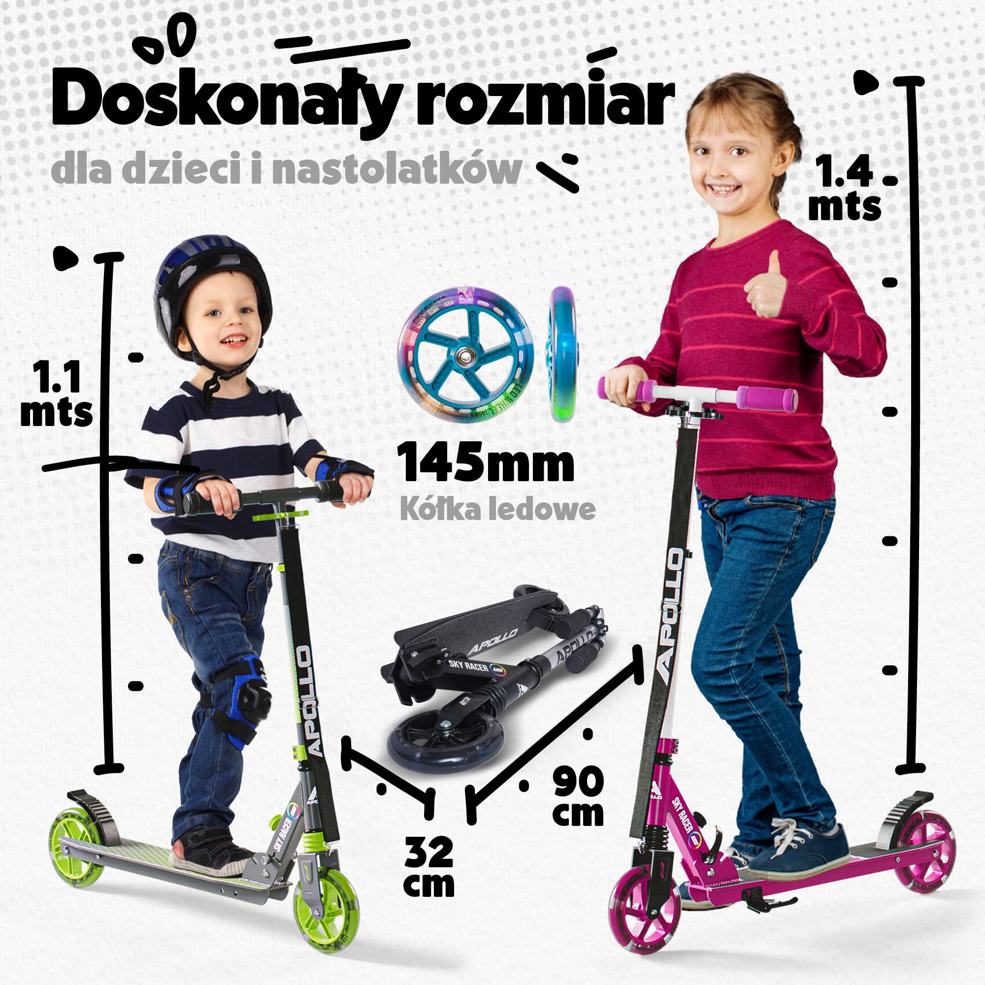 Apollo Skuter LED – skuter Skyracer z kółkami LED, 145 mm, miejski skuter ze zawieszeniem, składany i regulowany w wysokości – skuter dla dzieci i nastolatków