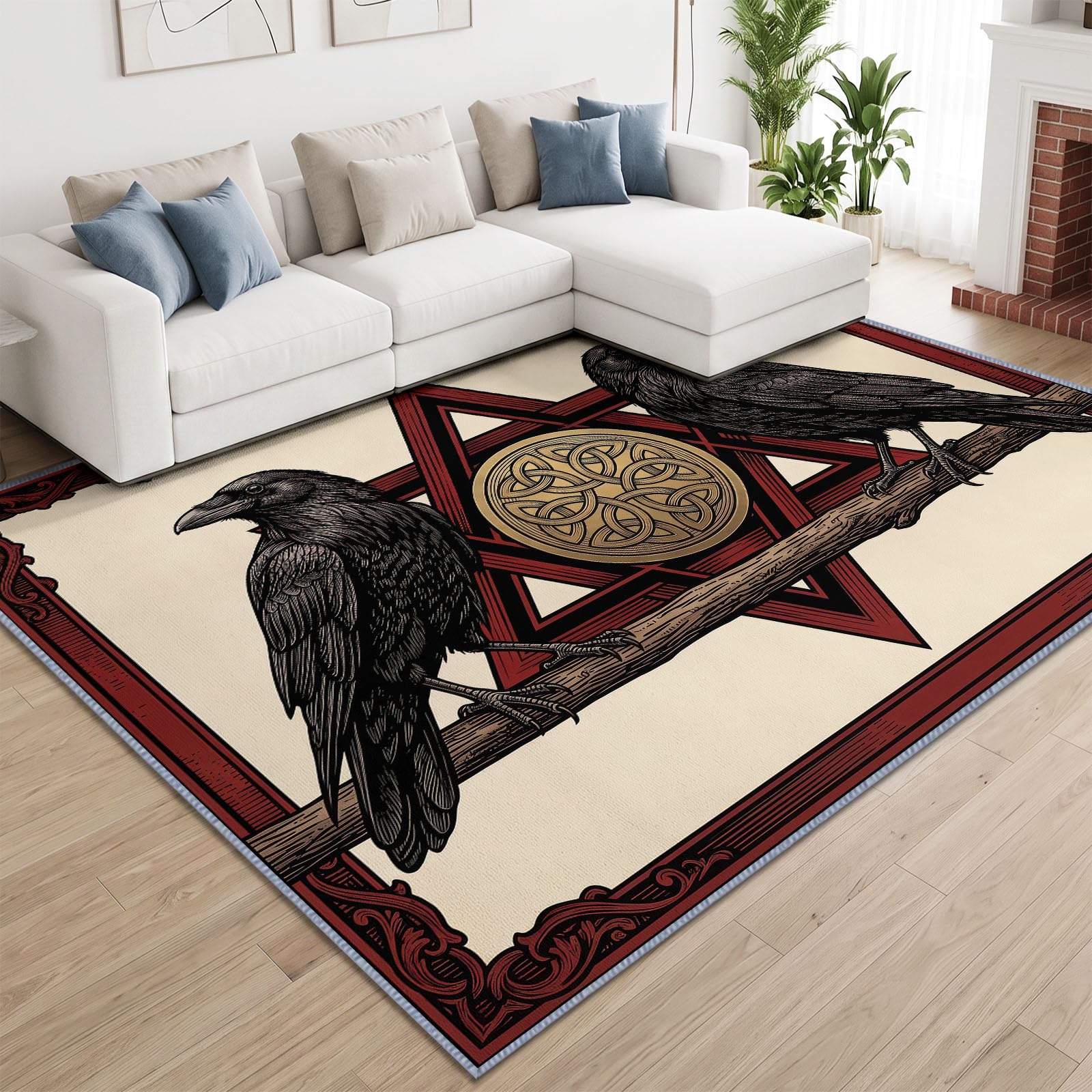 140 x 200 cm Tapis Antidérapant de Salon Fantaisie Animaux Corbeau Hexagone, Beige Grand Tapis à Poil Ras Doux Lavable en Machine avec Motif Imprimé pour Chambre Enfant Chambre Salle à Manger