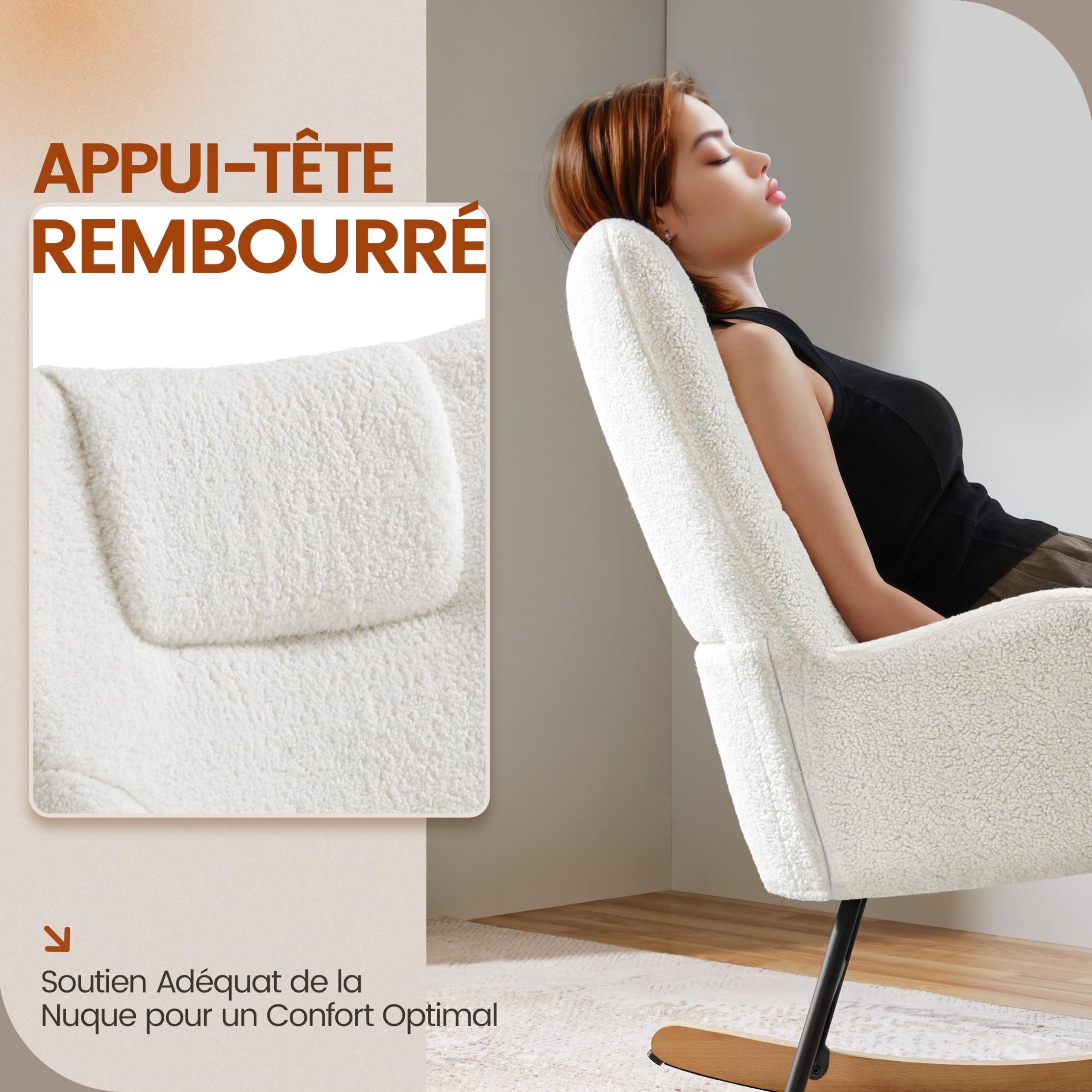 Yaheetech Fauteuil à Bascule Scandinave en Tissu Bouclé Rocking Chair à Haut Dossier Fauteuil Allaitement avec Pieds en Bois Massif Chaise d'appoint pour Salon Chambre Appartement Ivoire/1