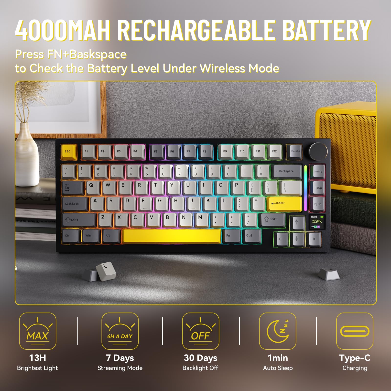 MAMBASNAKE Attack Shark X820 Ultra Tastiera Meccanica da Gioco Wireless 2.4G/BT/Usb C, QWERTY TKL 75% LIGHTSYNC RGB Chroma, TFT Schermo, Gasket Cuscino Foam Hot-swap, Cavo Spirale- Gift Switch/Grigio