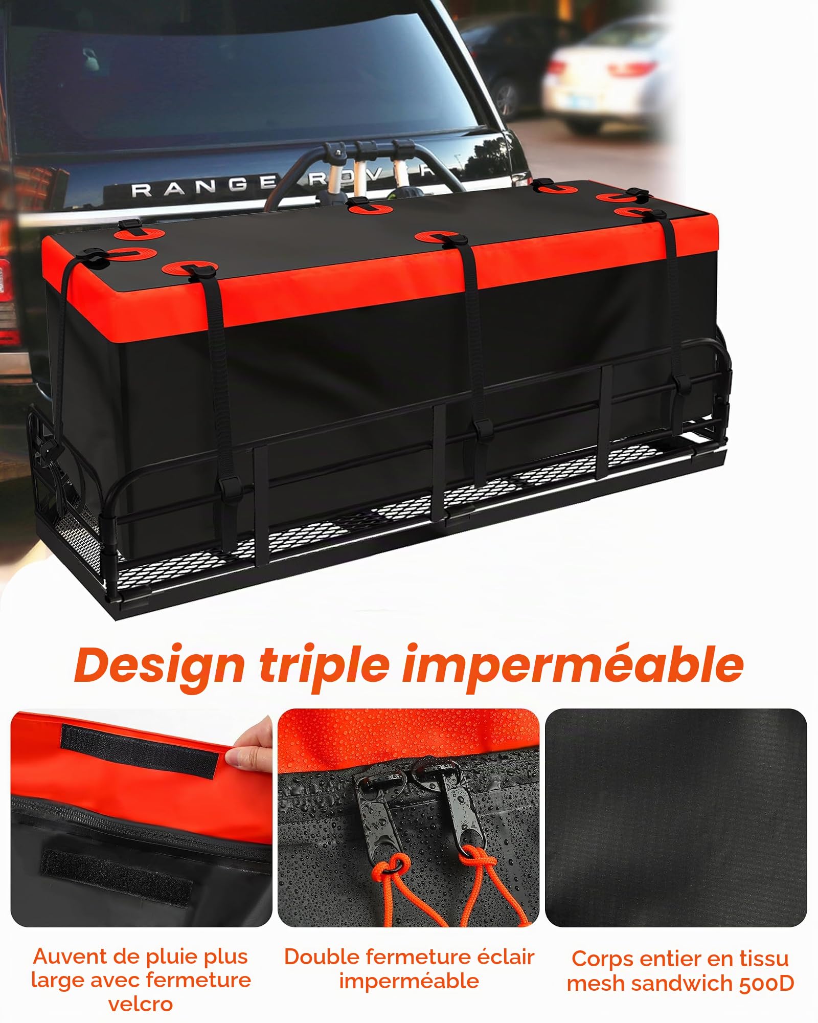 Porte-bagages en softshell pour attelage de remorque, Noir et orange., 21 Kubikfuß