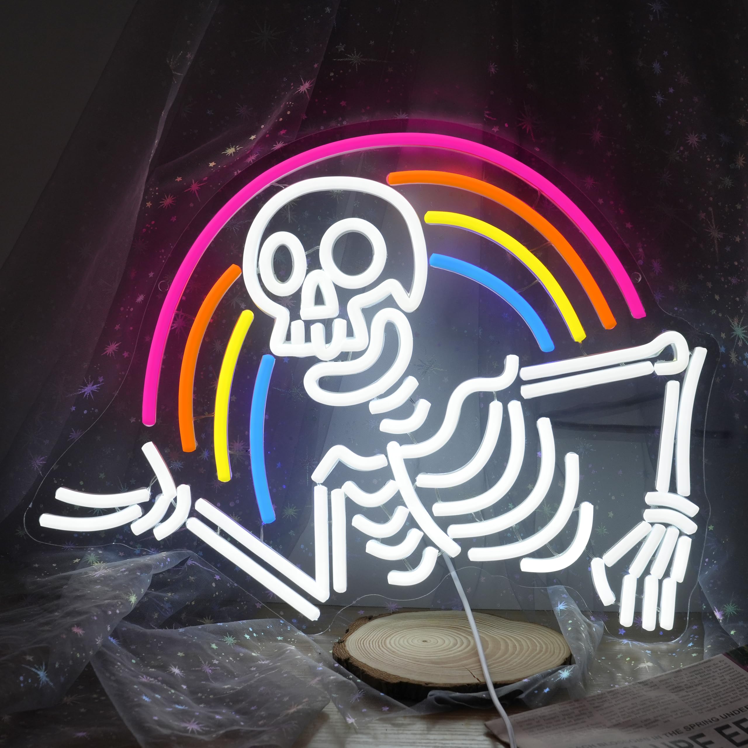 Panneau néon squelette arc-en-ciel DEL pour illuminer une grotte d'homme un peu sombre