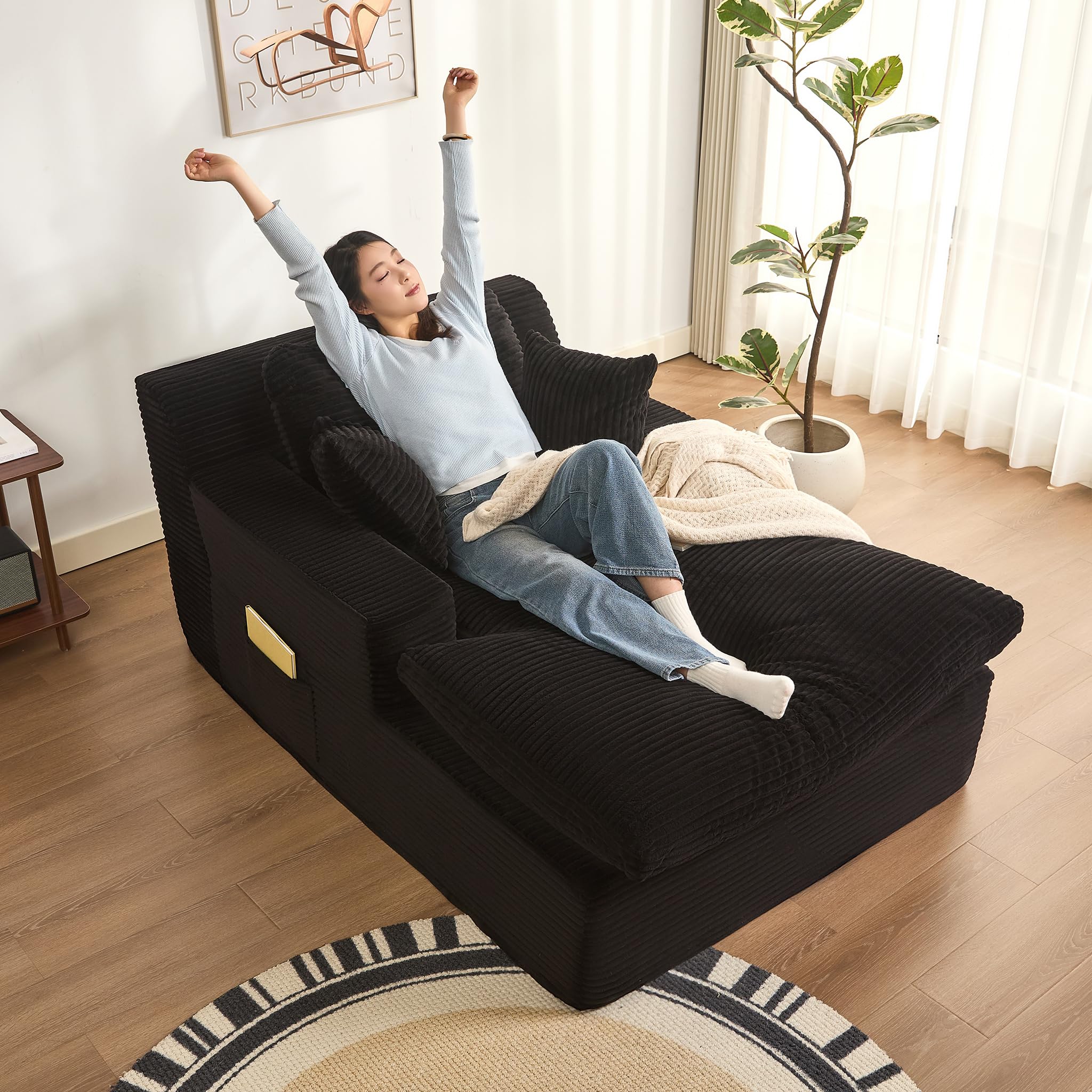 63" Oversized Boneless Chaise Lounge Chair, Extra Cloud Layer, Convertible Sleeper Sofa Couch with Removable Pillows & Side Pockets, Corduroy Upholstered Sofa Bed with Armrests for Living Room, Black