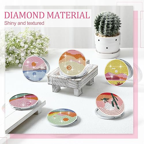 Miniatura 4 de 6 piezas Mandragora Paisaje Girasoles Diamante Pintura Espejo DIY Espejo de Maquillaje Forma Redonda con 2X 1x Ampliación Diamante Arte Artesanía