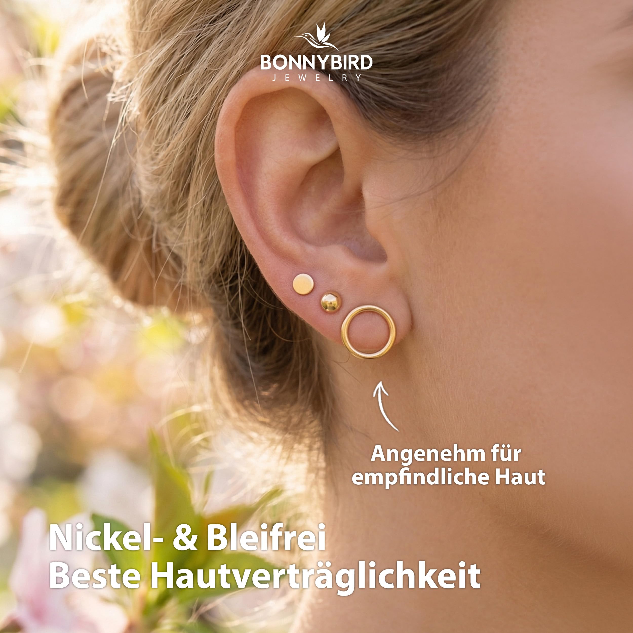 BONNYBIRD® Wasserfeste Edelstahl Ohrringe Damen in Silber, Gold & Roségold, Hypoallergen dank medizinischem Chirurgenstahl, Extra Leicht
