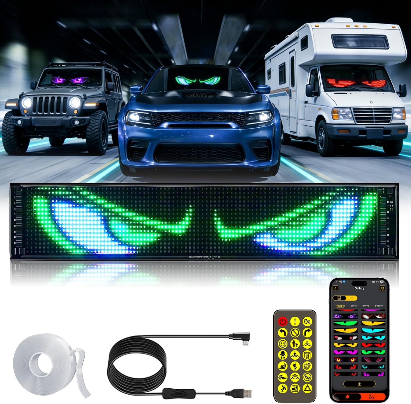 LED Devil Eye Lights for Windshield 23"x5" [Advanced Chip, 100% Synced Dual Screen] Dynamic Flexible Programmable Custom LED Eyes Display for Car Truck Front Window with Remote & APP Control