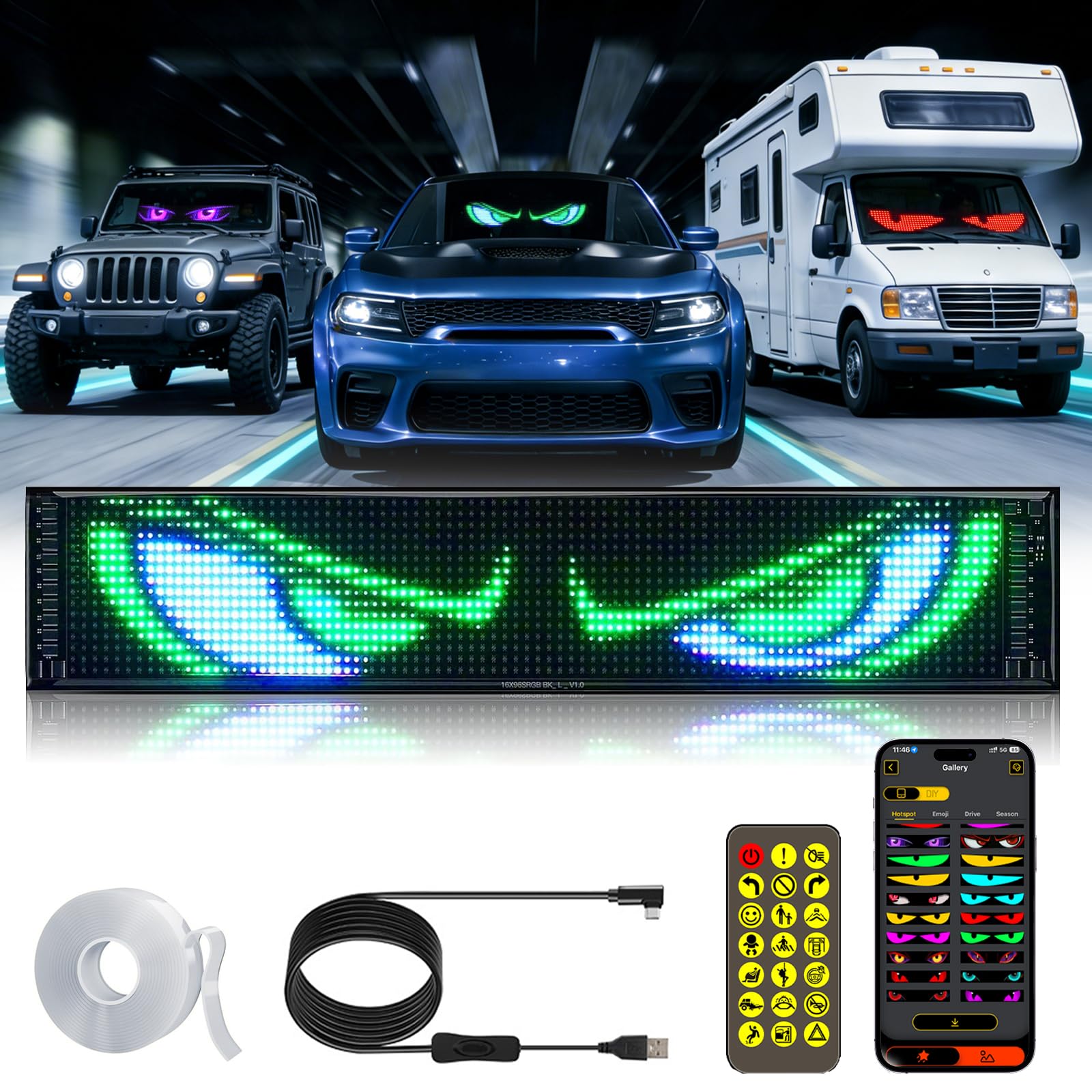 LED Devil Eye Lights for Windshield 23"x5" [Advanced Chip, 100% Synced Dual Screen] Dynamic Flexible Programmable Custom LED Eyes Display for Car Truck Front Window with Remote & APP Control