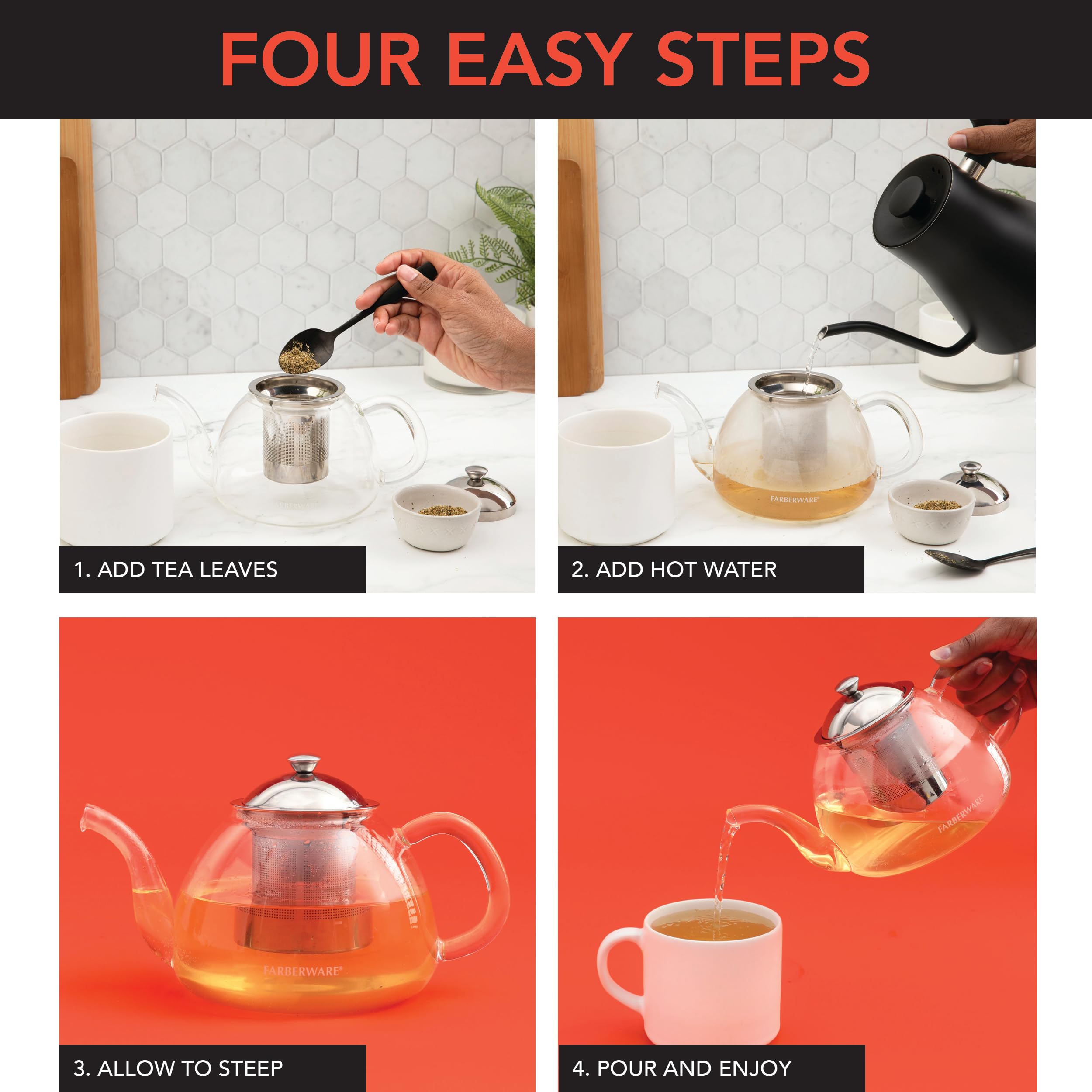 Farberware Teiera in vetro, infusore per tè sfusi in fiore, vetro borosilicato, beccuccio antigoccia, infusore in acciaio inossidabile, capacità 5 tazze