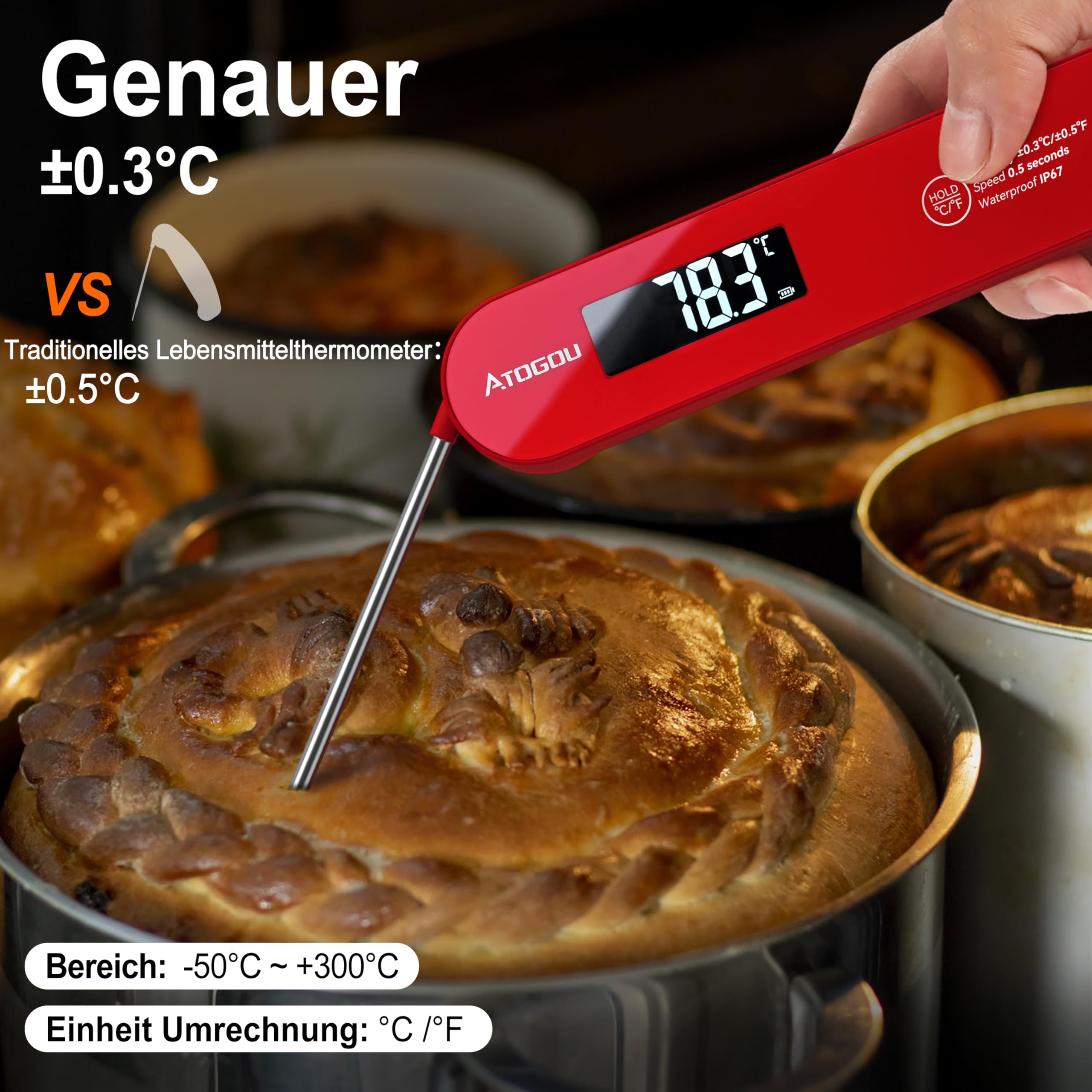 ATOGOU Thermomètre numérique ultra rapide IP67 étanche avec fonction Hold, écran rotatif à 180°, pour barbecue, liquide, rôti, bonbons, bœuf (rouge)