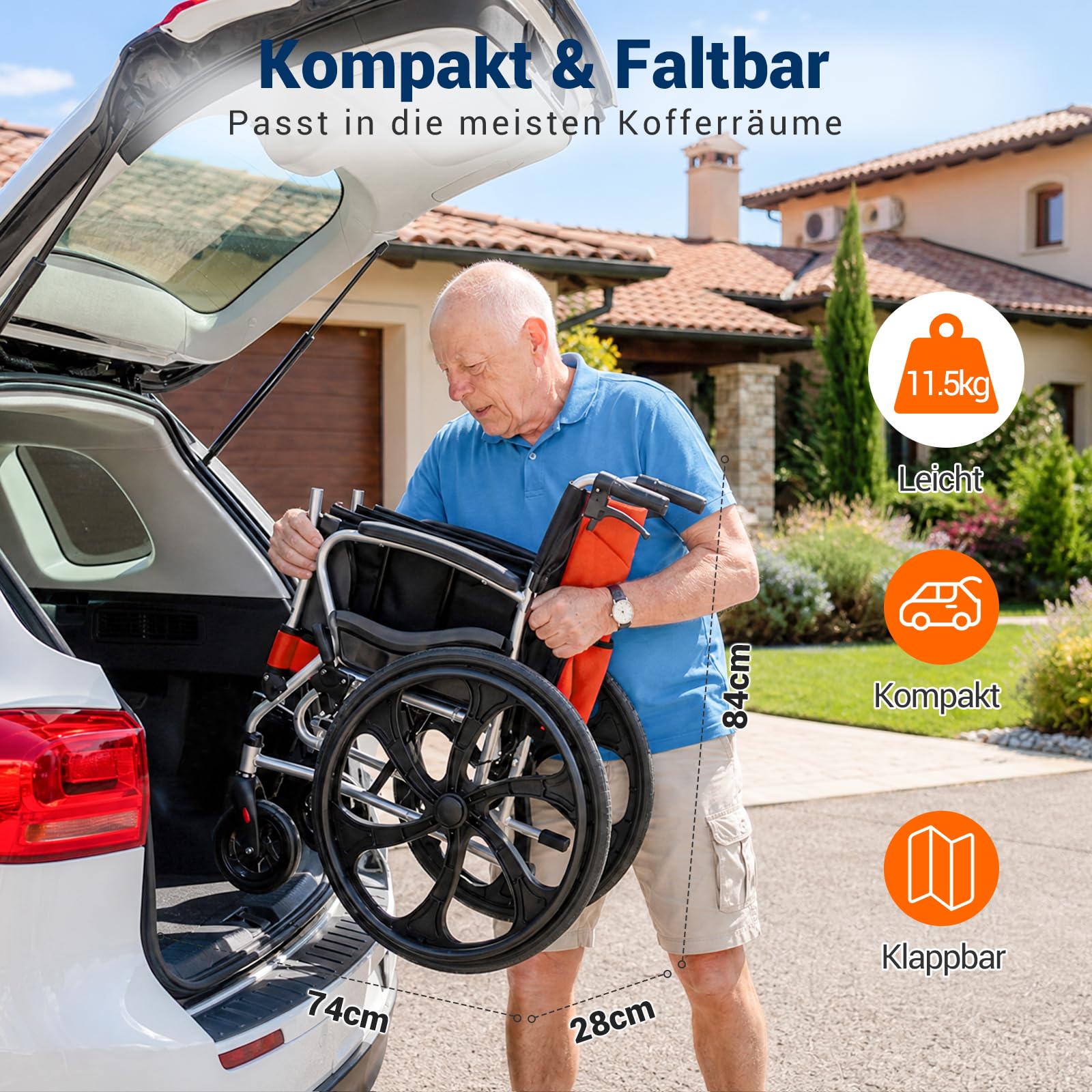 Care-parents Silla de ruedas plegable de aluminio ligera (11 kg) – Silla de viaje autopropulsada con 45 cm de ancho – Silla de ruedas compacta con freno de mano y neumáticos a prueba de pinchazos