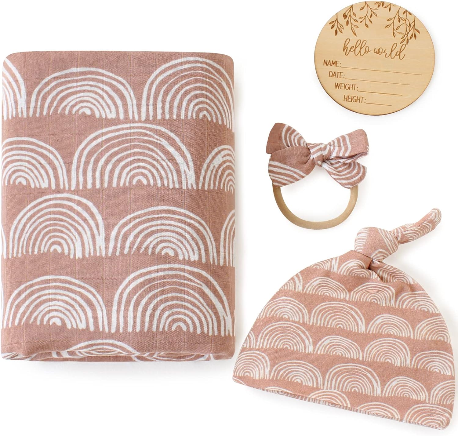 LifeTree Newborn Swaddle Set with Matching Hat and Bow, Wooden Birth