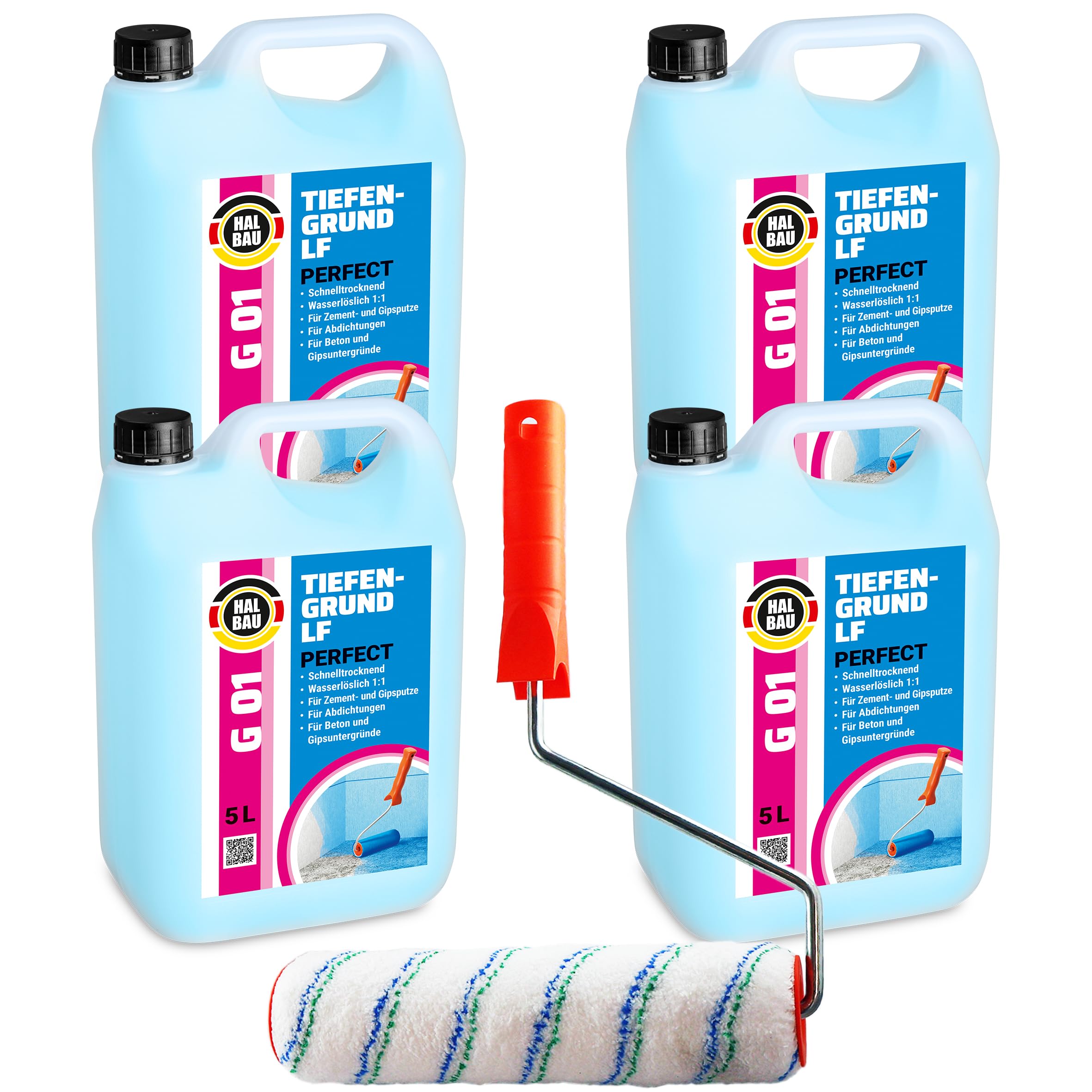 Tiefengrund LF Perfect 20 L, Voranstrich unter Abdichtungen, Grundierung für Putz, Beton + Farbroller 25cm Mikrofaser Set G01
