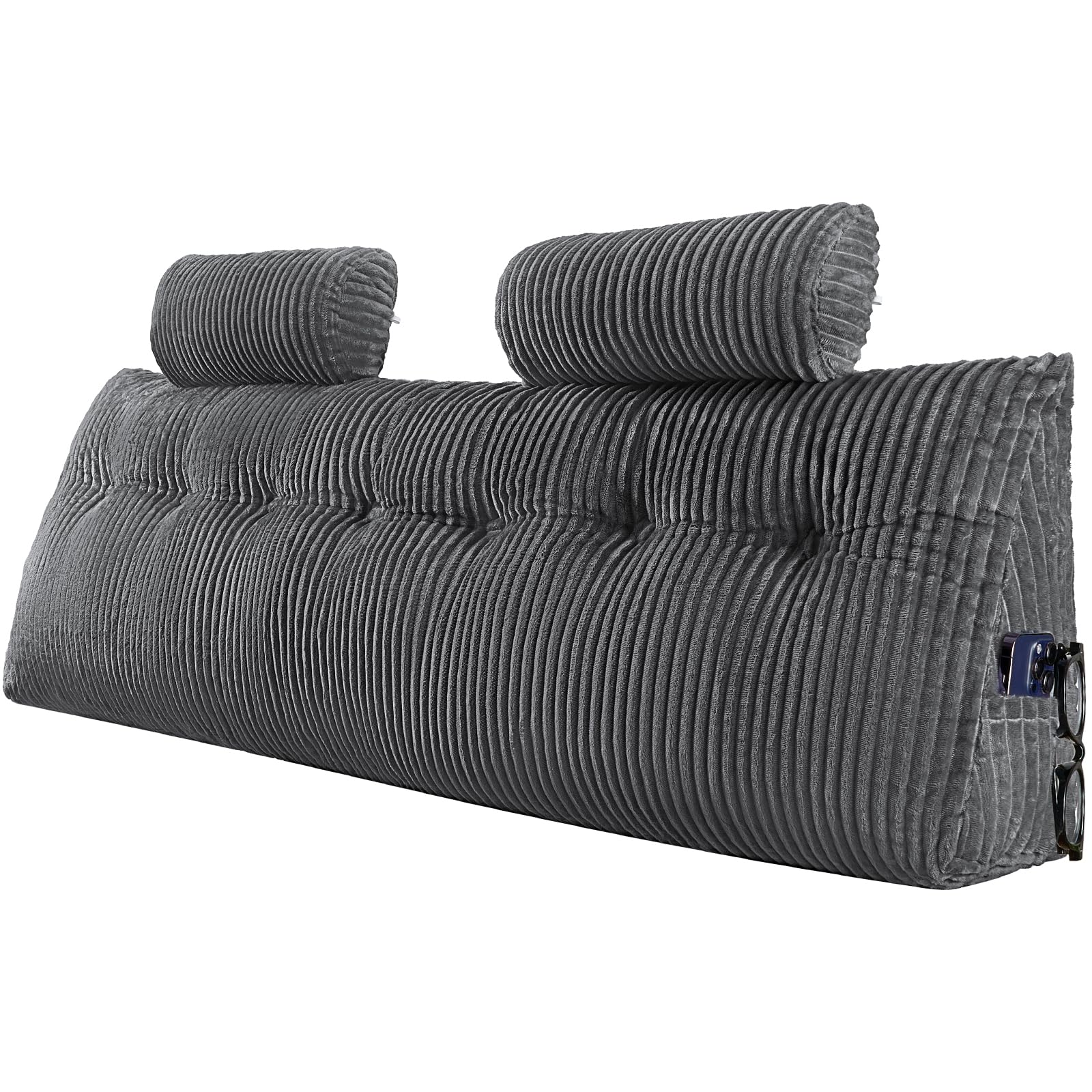 VEVOR Poduszka na zagłówek w rozmiarze king size, z 2 kieszeniami bocznymi i 2 zagłówkami, poduszka klinowa do łóżka, z zmywalną tkaniną flanelową, do czytania, gier, odpoczynku, pracy w łóżku, szara