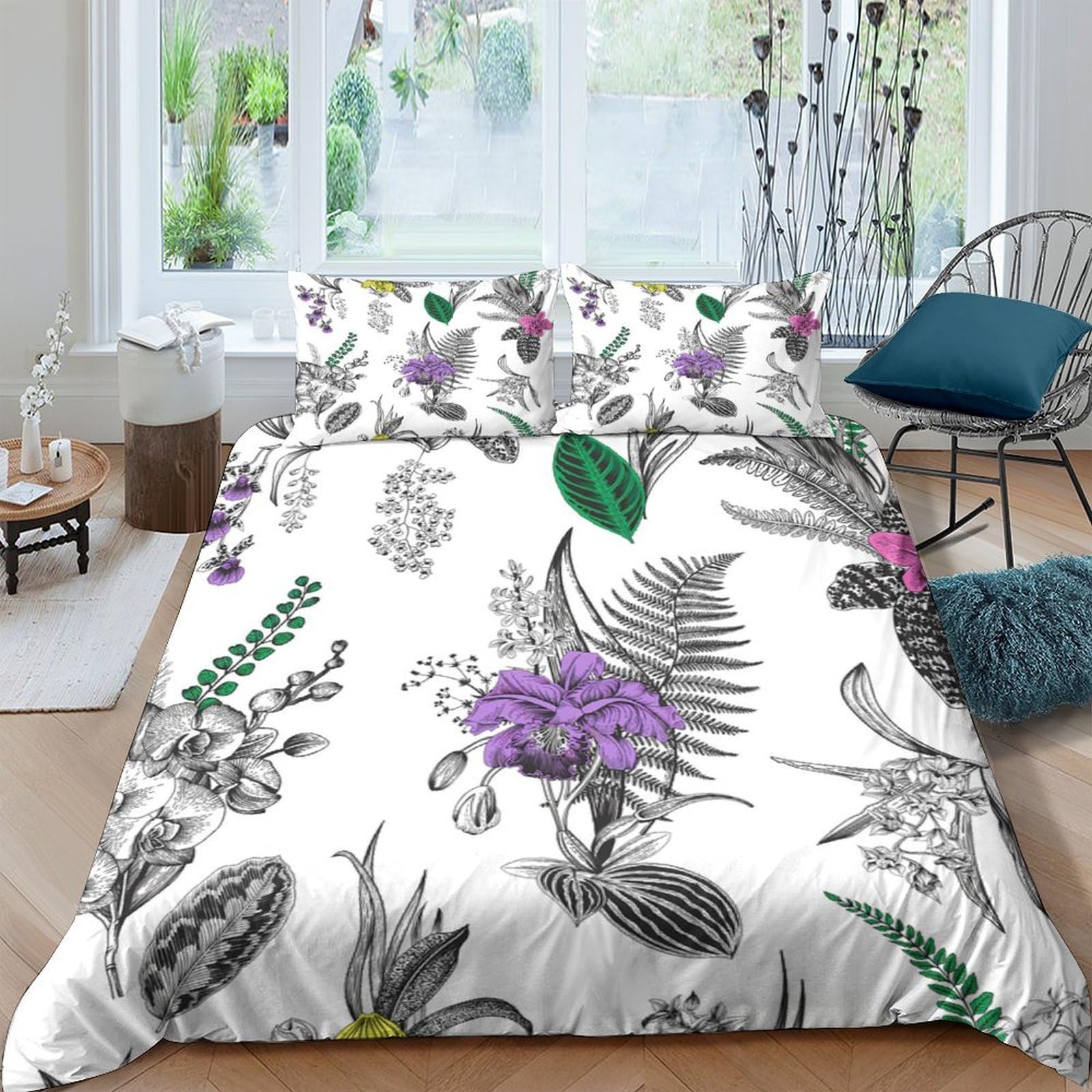 Ctjqhvkz Style-3 3D Printed Botanical Floral Fitted Sheet Microfiber Soft White Purple Fern Mattress Cover For Bedroom Guest Room Decoration Single（135X200cm）