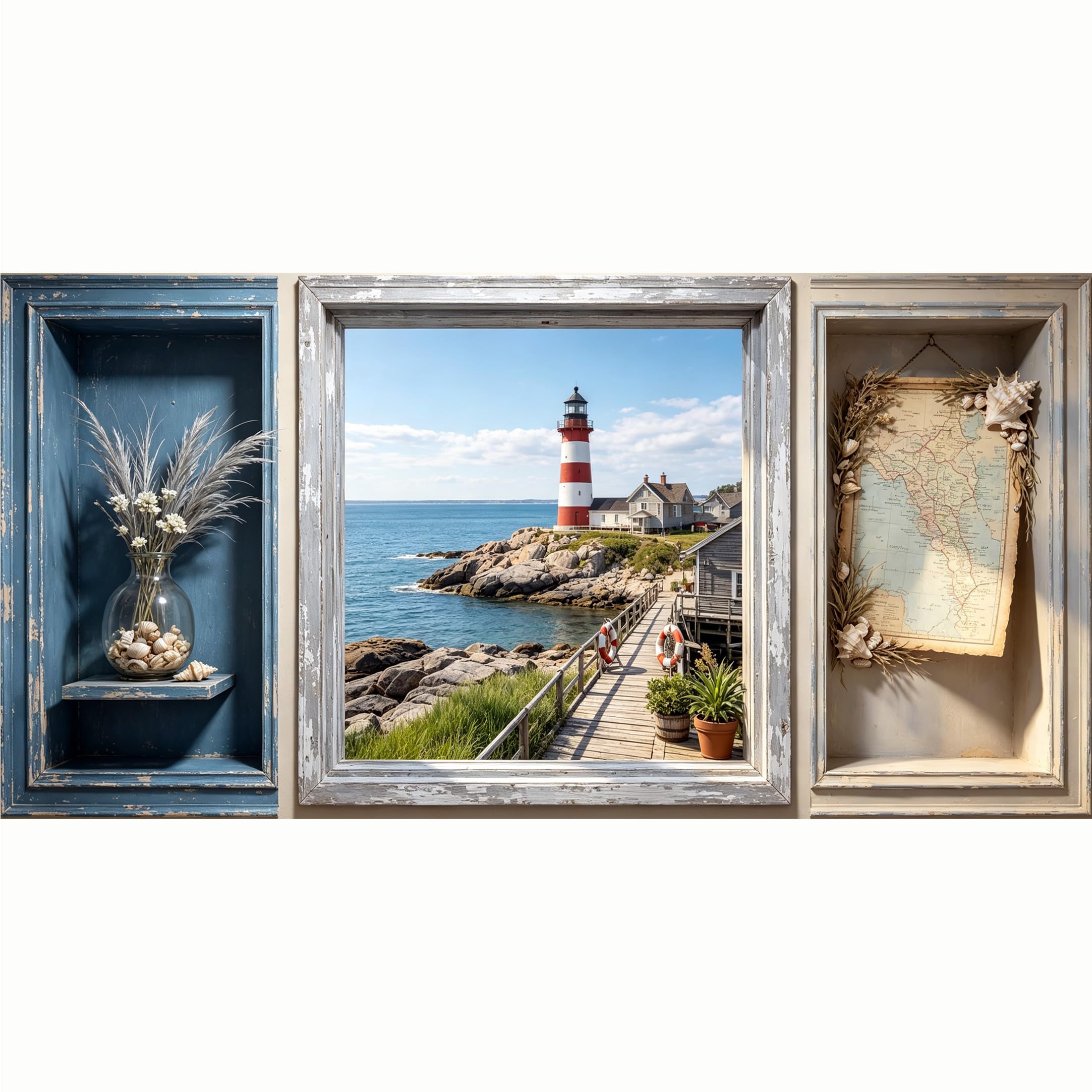 QZLITHOTIC 50x100cm 3D Framed Wall Art， Coastal Lighthouse Ocean Seascape Nautical Decor Self‑Adhesive Mural， Water‑Activated Peel & Stick Fabric Decor Wall Decal for Bedroom Living Room