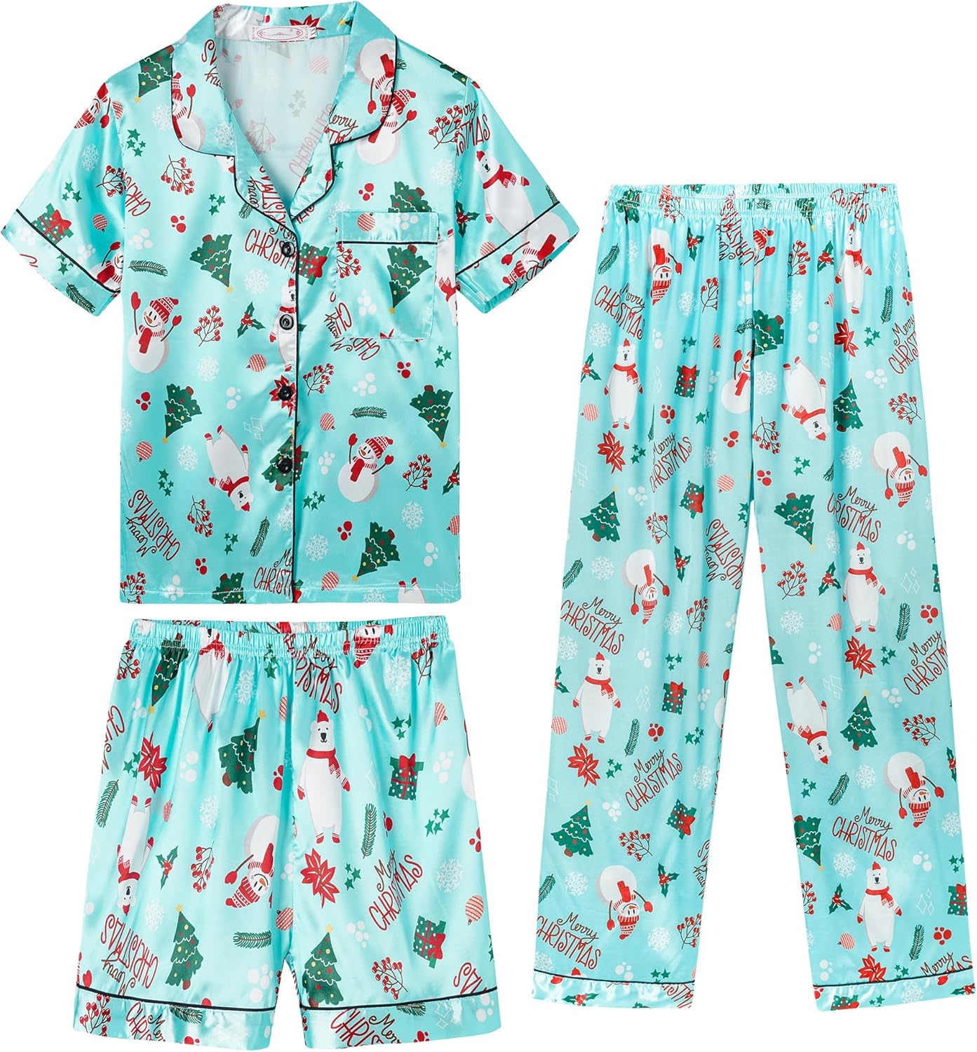 Unisex Girls Boys Kids Pajama Sets Button Down Satin Sleepwear Nighty 3PCS Silky Lounge Sets Nightwear