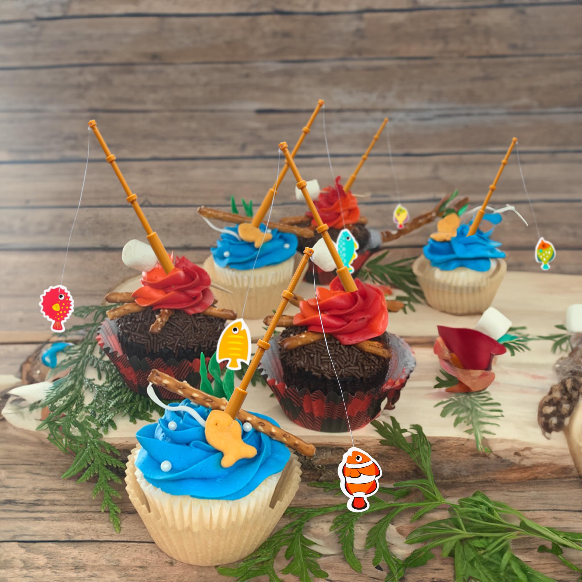Ephlyn 6Pcs Mini Fish Pole Decoration Little Fisherman Fishing Pole Picks Fishing Party Decorations Fishing Cake Topper Fishing Themed Party Supplies for Birthday Party Decoration Supplies