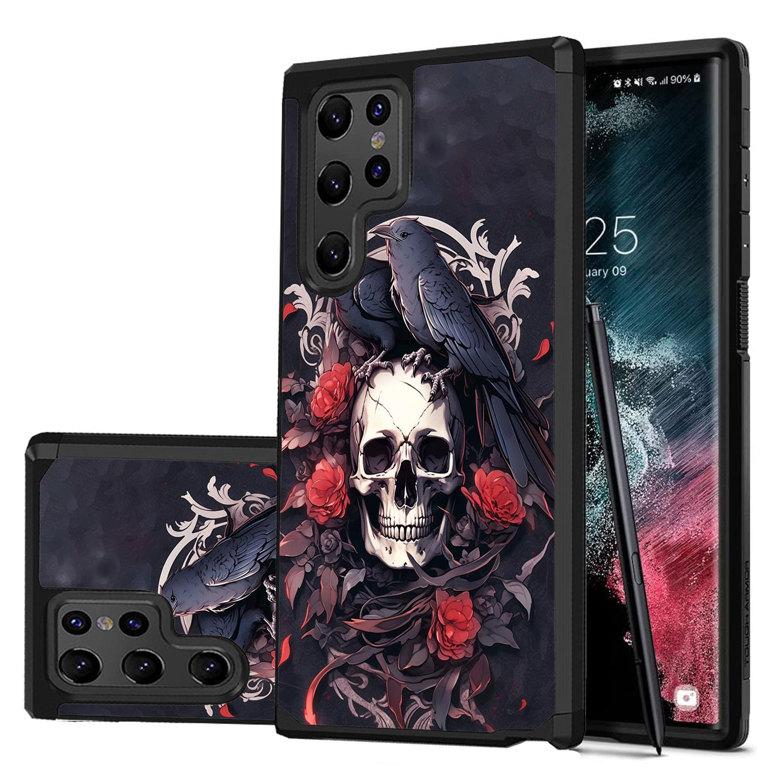 Compatible for Galaxy S22 Ultra Case, Hybrid Shock Proof Duty Dual Layer Protective Cover Case for Samsung Galaxy S22 Ultra 5G 6.8 inch 2022，Raven on Skull with Flowers Roses